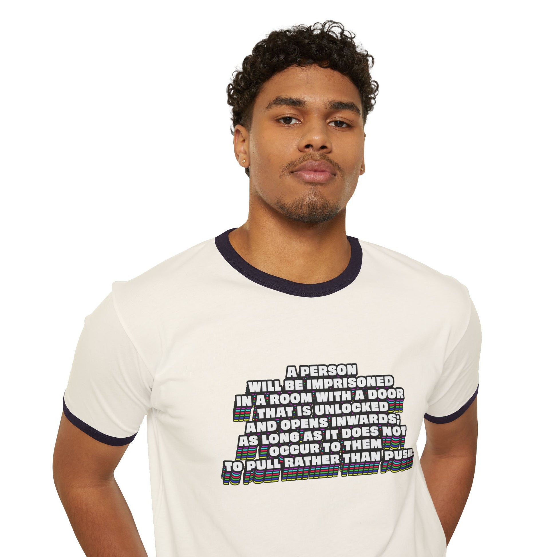 Man wearing white Clever Quote Unisex T-Shirt close-up front view