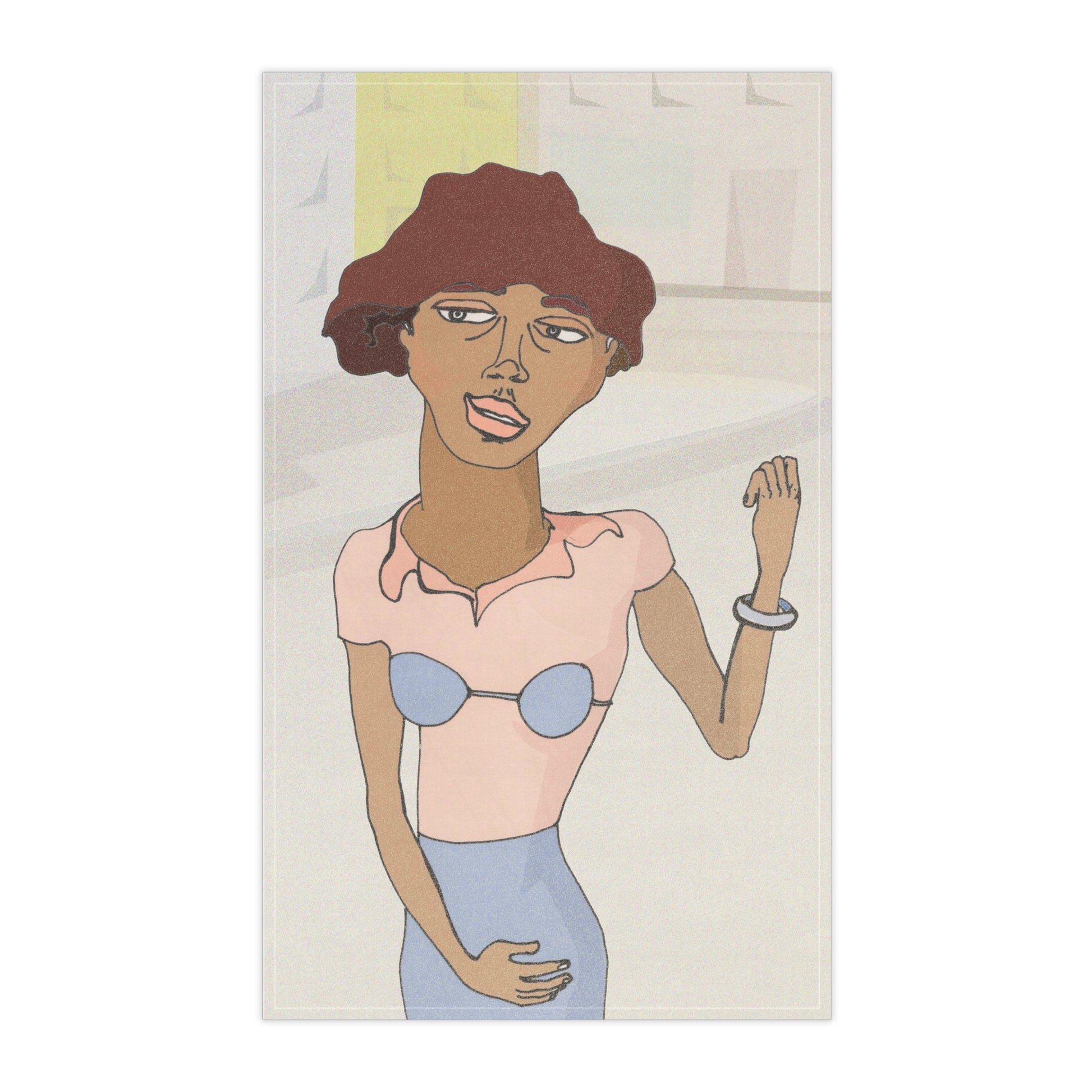 Morenita Kitchen Towel with bold art print on white background.