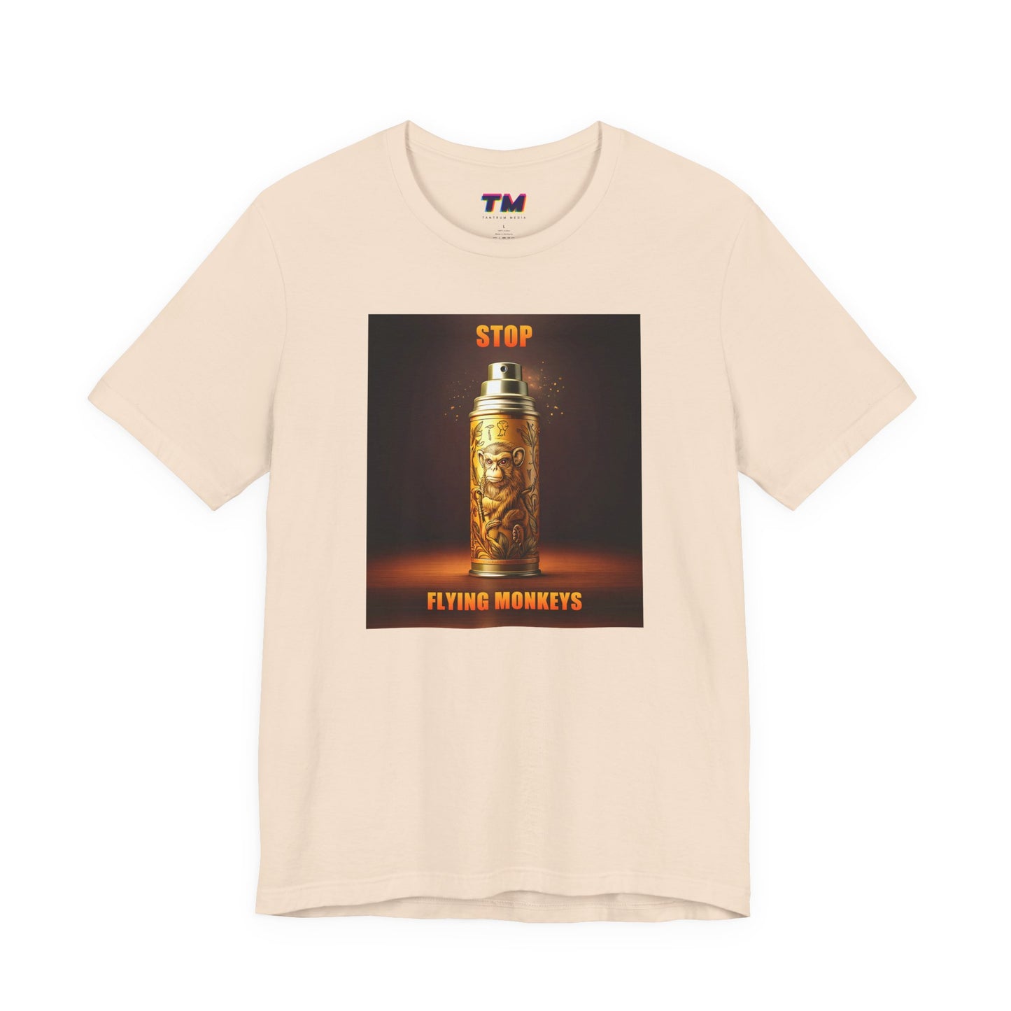 Beige Stop Flying Monkeys T-Shirt flat lay with bold design