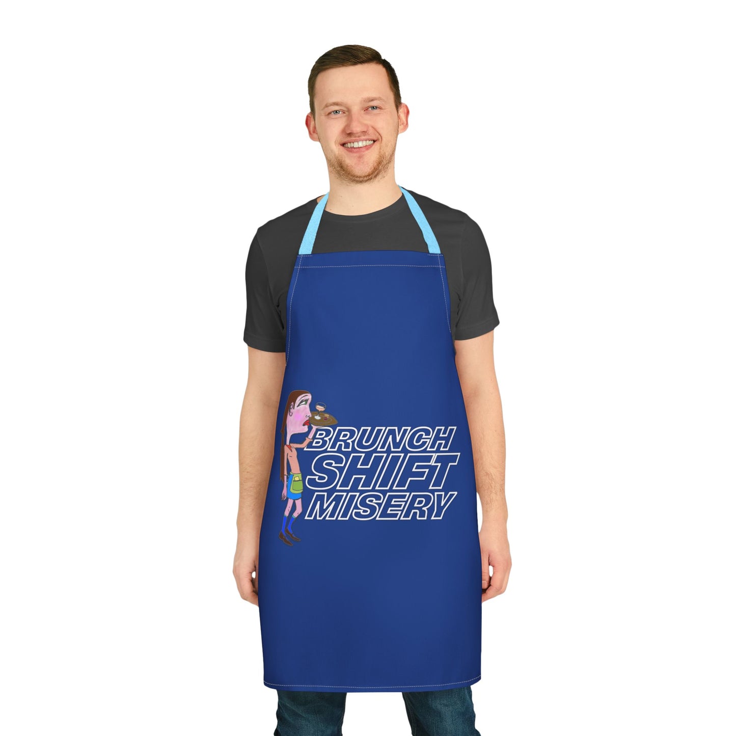 Male model wearing Brunch Shift Misery apron, front view