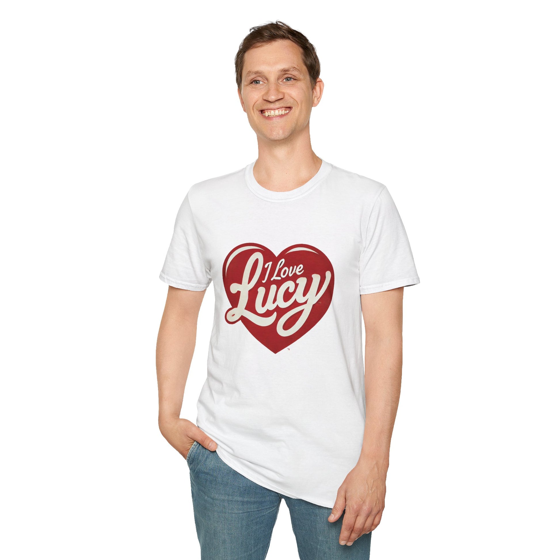 A person wearing a red crew neck t-shirt with a heart logo that has the text 'I Love Lucy' on it.