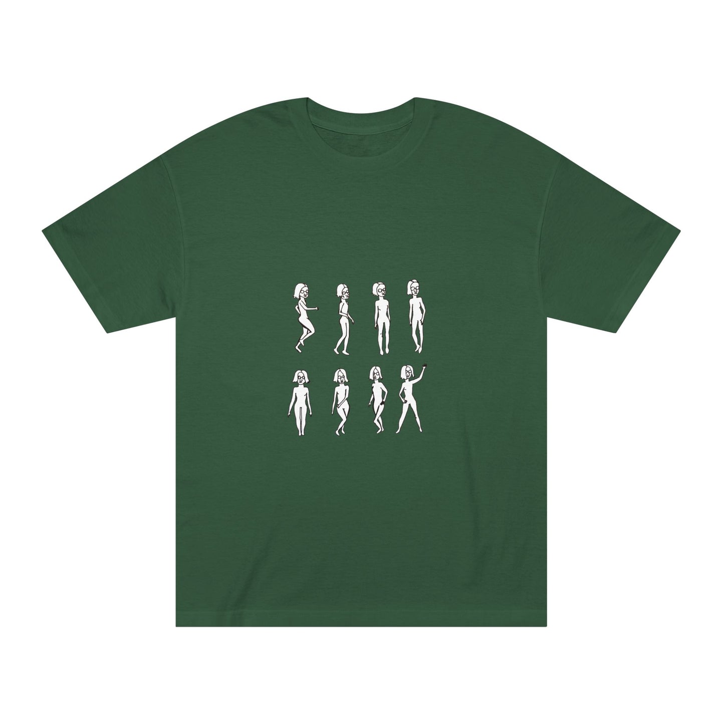 Running Out Unisex T-Shirt in forest green with hand-drawn artwork on the back