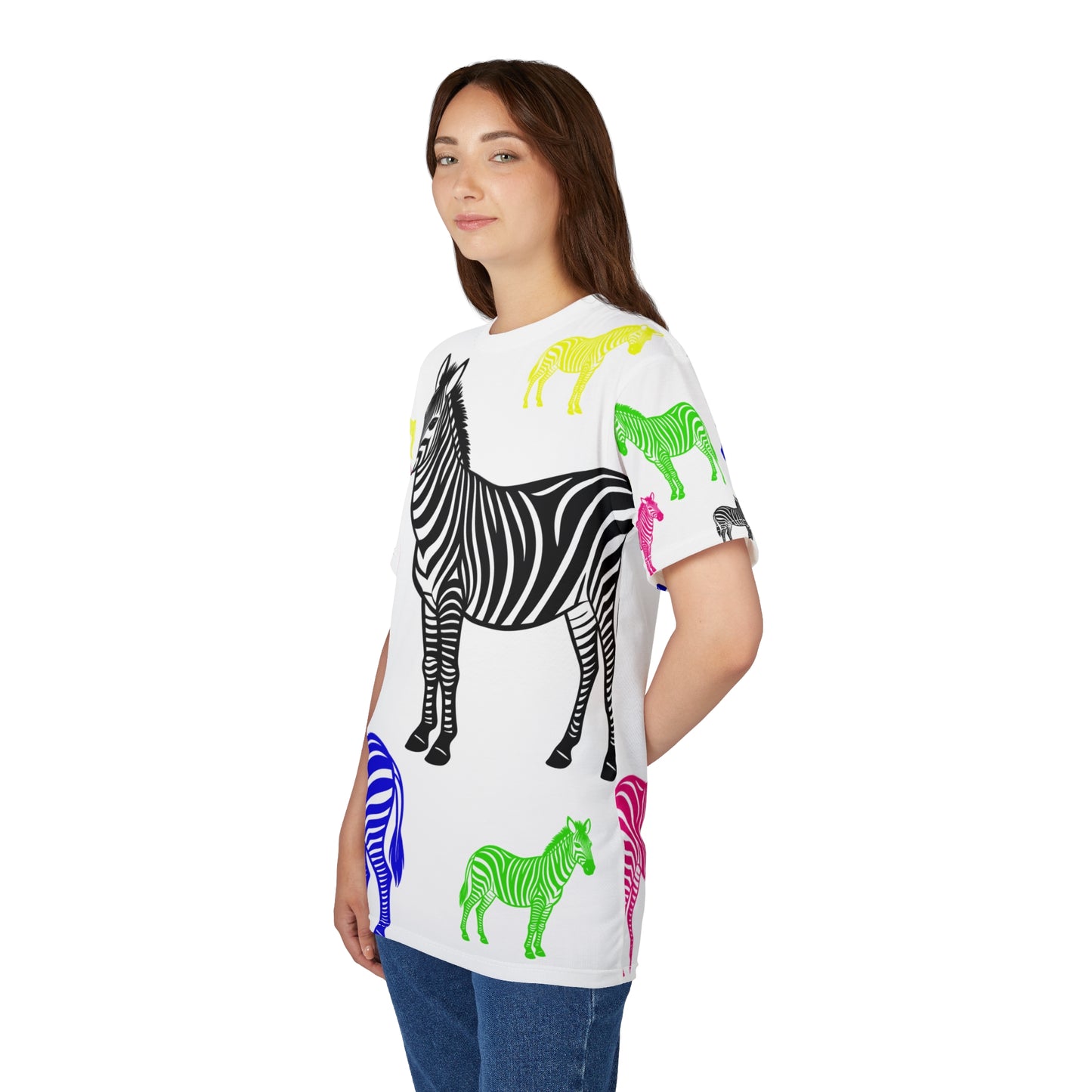 Female model side view in Colored Zebras Unisex T-Shirt with bright zebra print