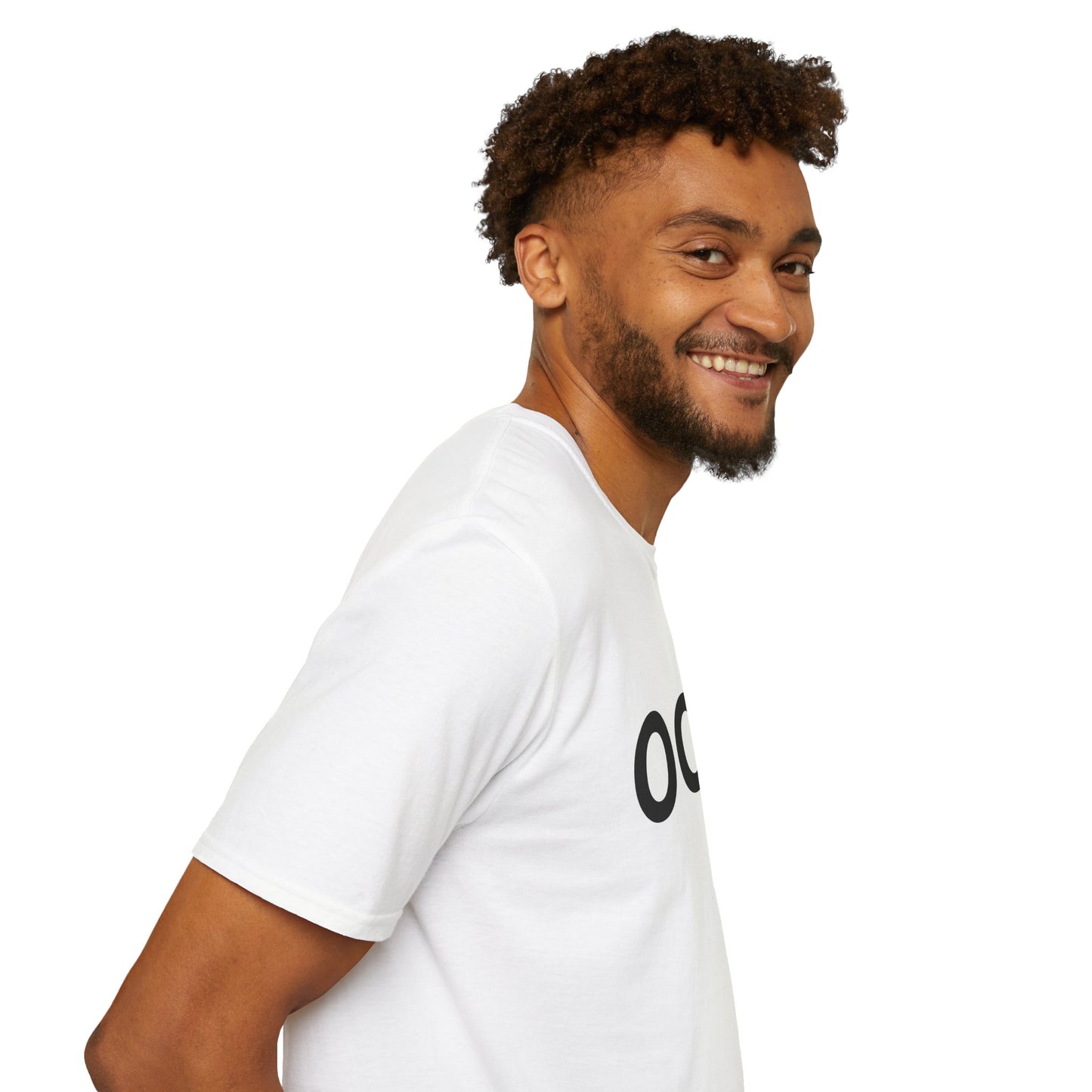 Side view of woman in white OOO tee Workers United Collection