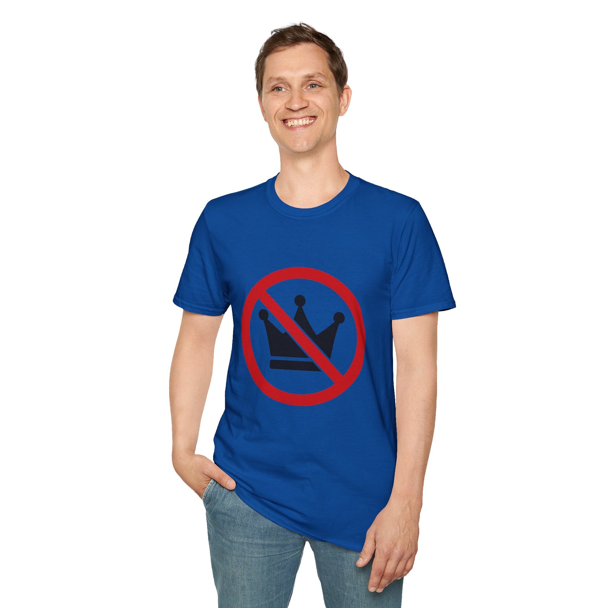 Person wearing a blue t-shirt with a no-crown symbol on a white background