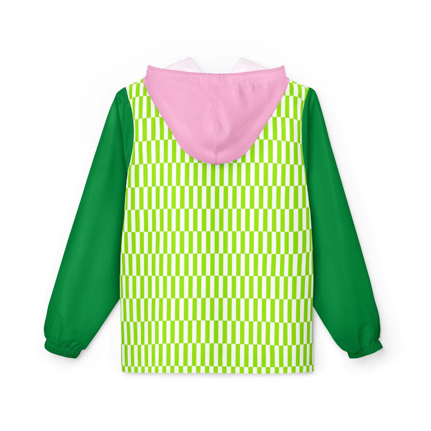 Back view of Fresh Vibes Windbreaker jacket showing full green geometric design, dark green lower panel, and light pink hood.