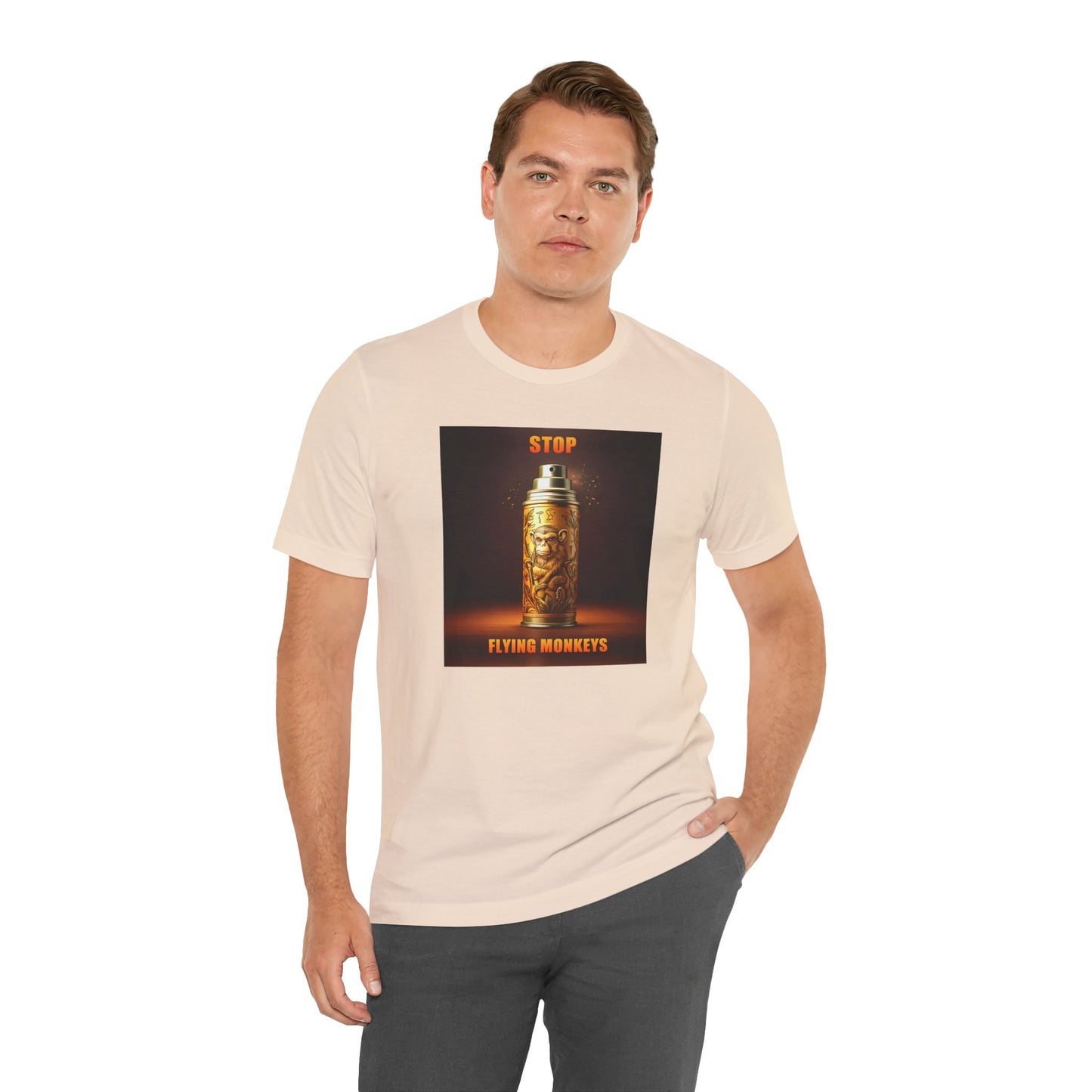 Man in beige Stop Flying Monkeys T-Shirt with graphic centered