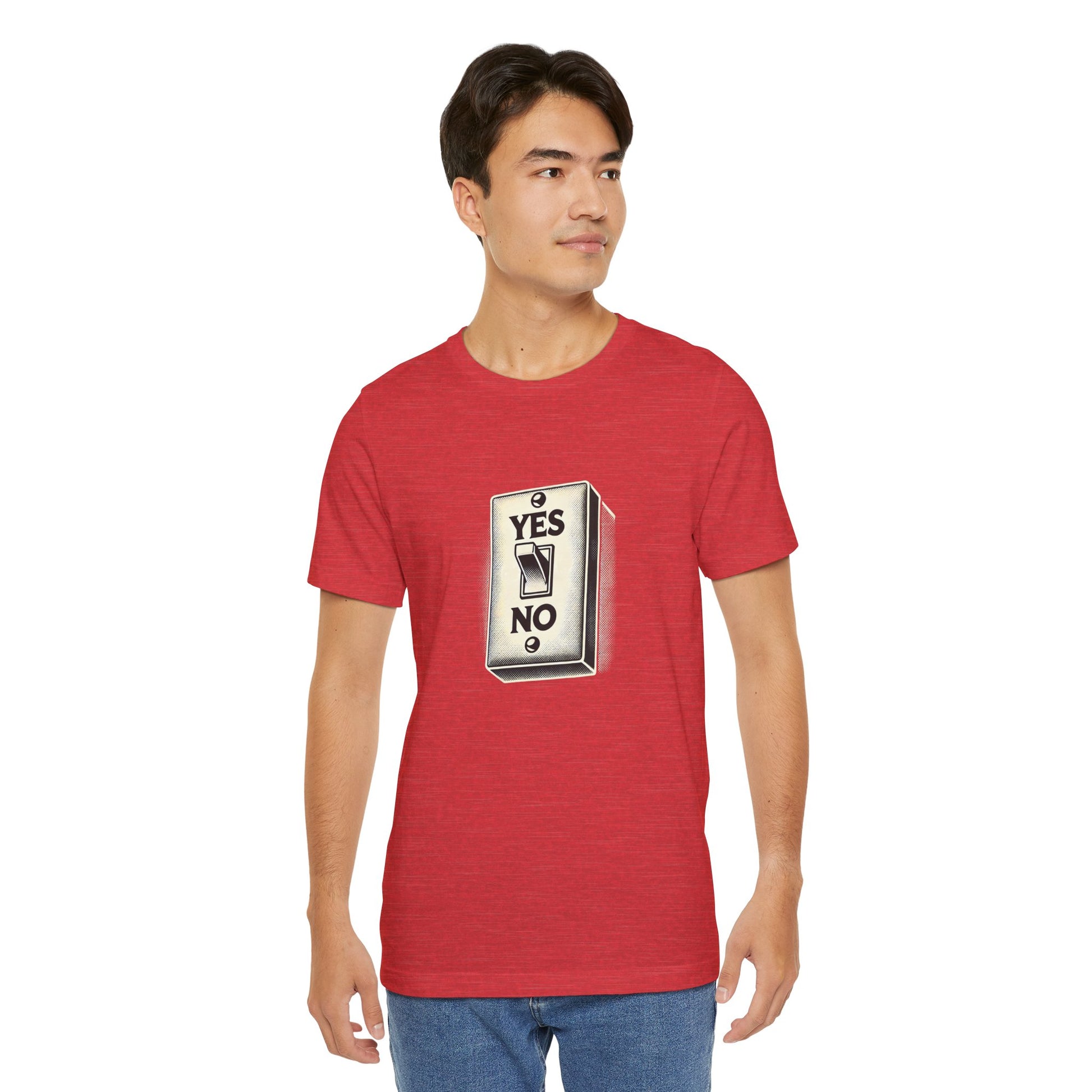 Model wearing red YES/NO Switch Tee