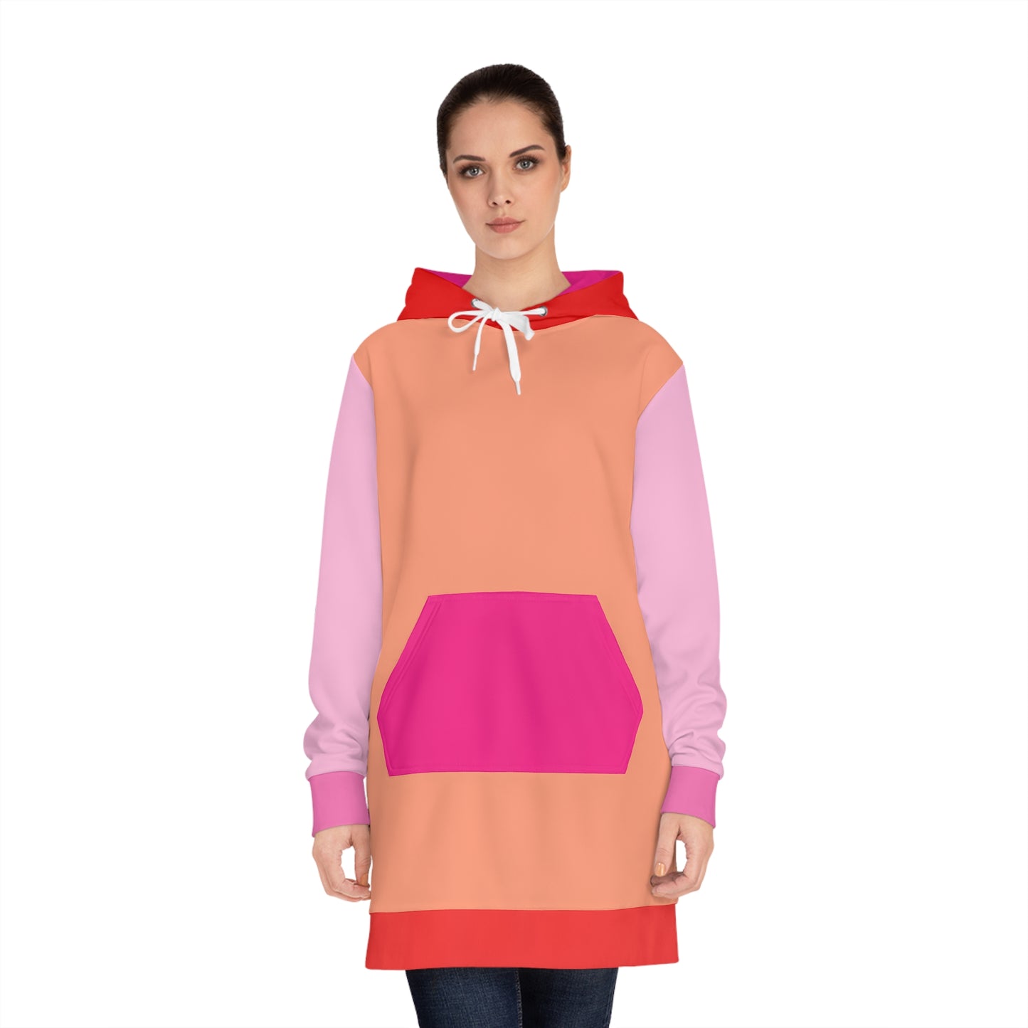 Female model wearing Pink and Orange Hoodie Dress front view