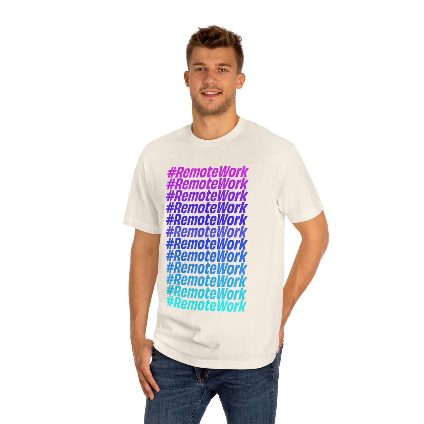 man wearing beige remote work gradient t shirt relaxed fit look