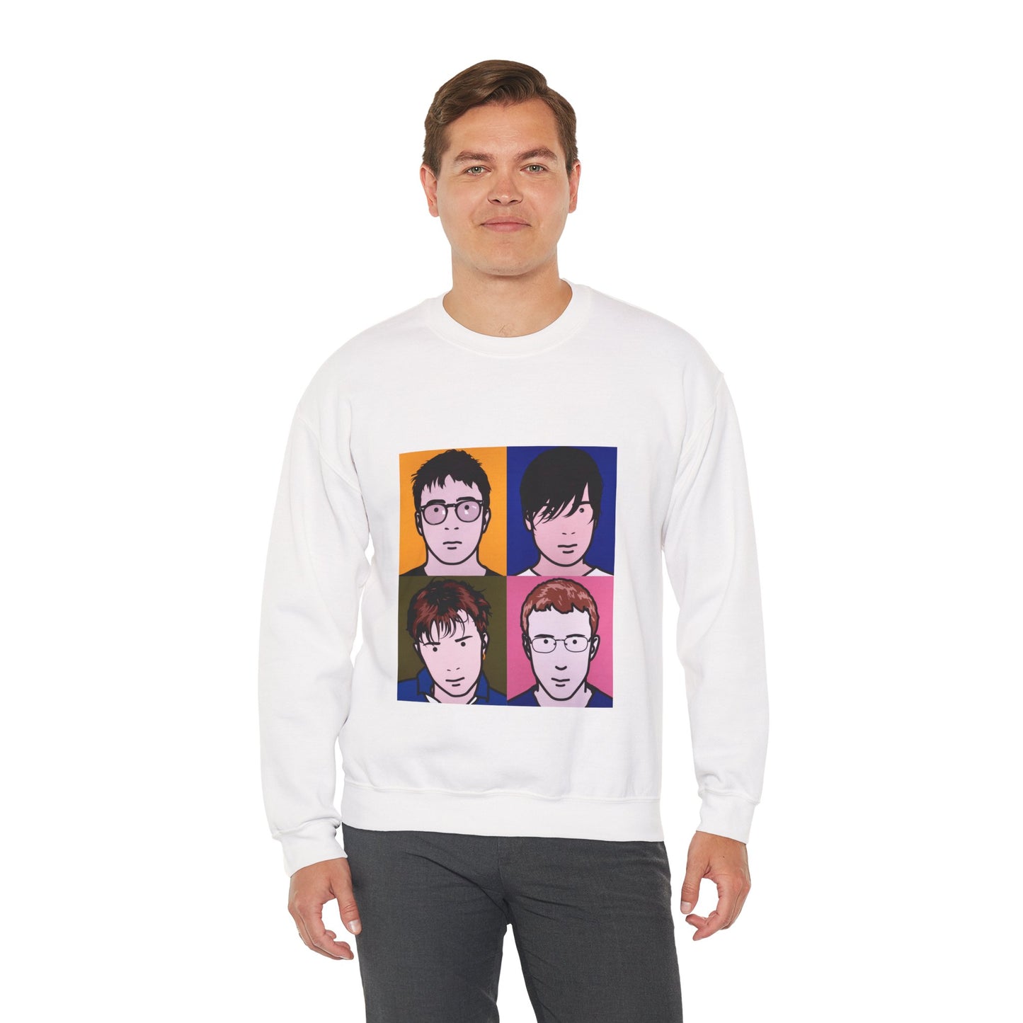 Male model wearing White Blur Tribute Unisex Sweatshirt with The Best of artwork.
