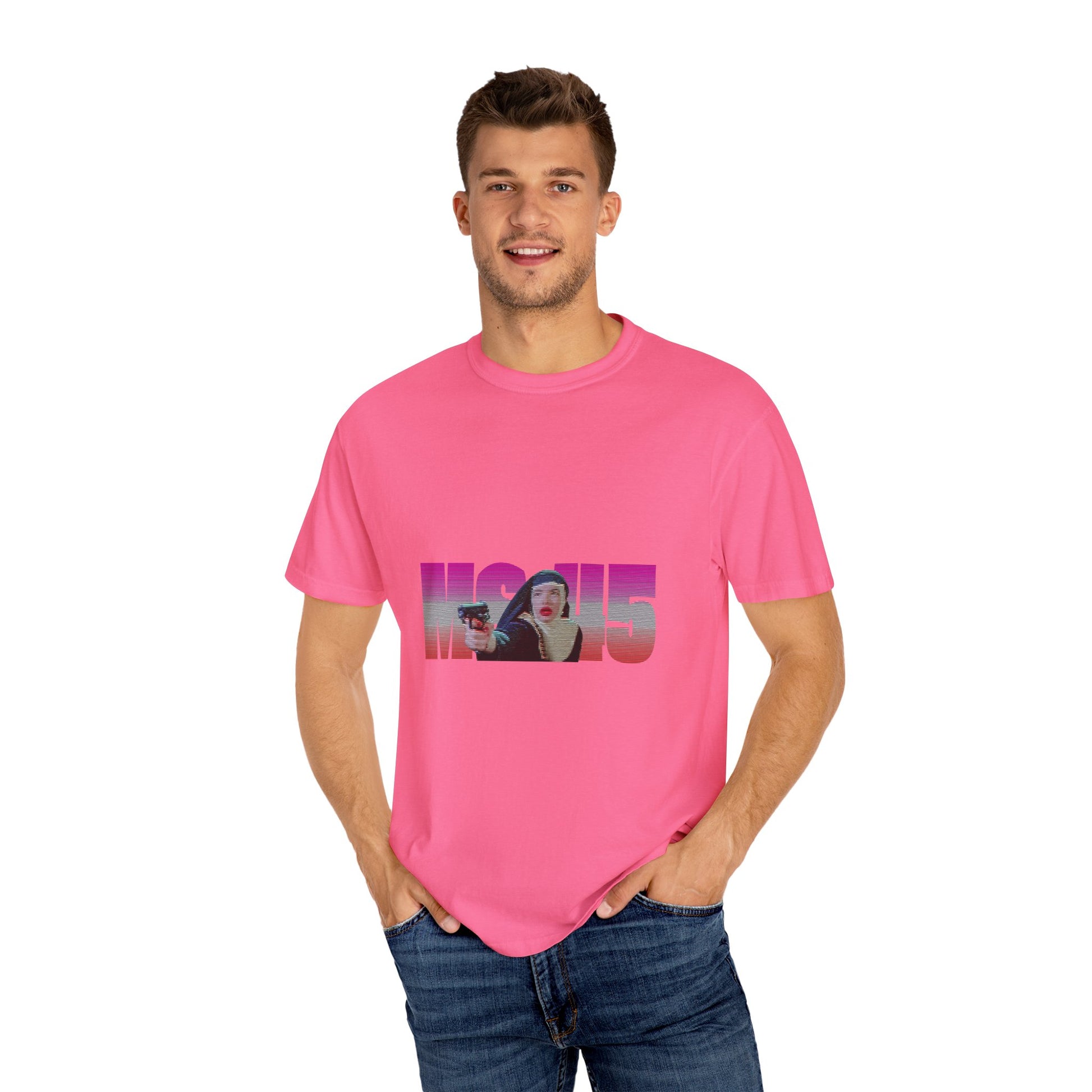 Man wearing pink Ms.45 T-Shirt with cult classic graphic