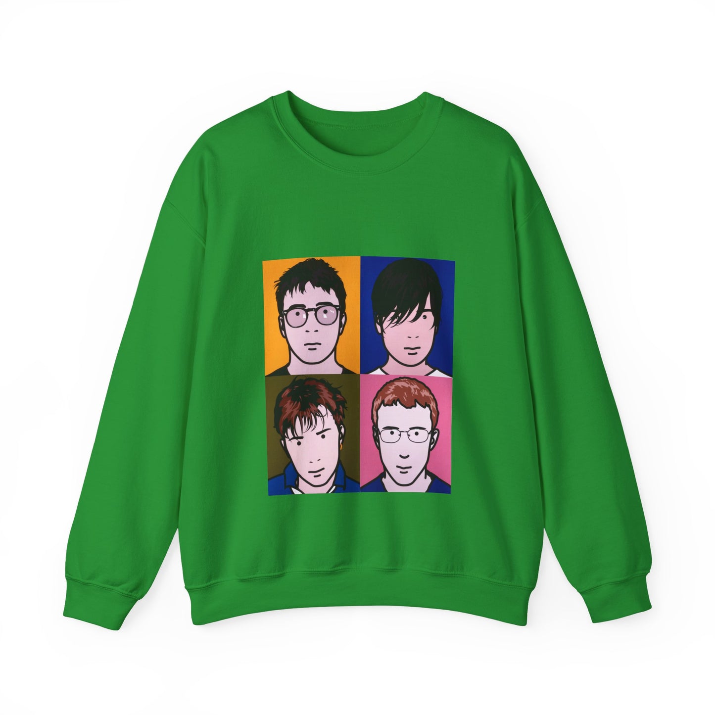Irish Green Blur Tribute Unisex Sweatshirt featuring Blur’s pop-art style faces.