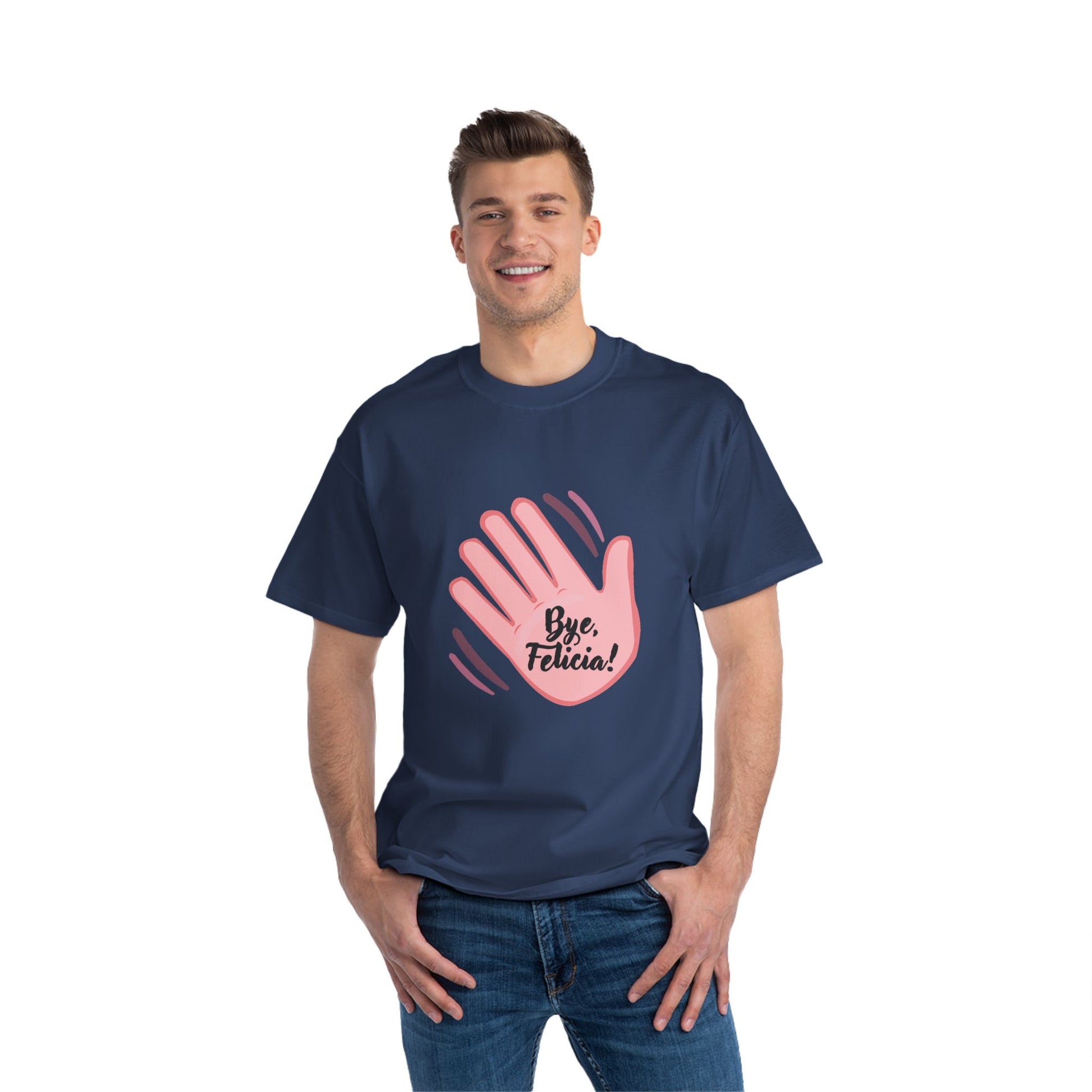 Man wearing navy Bye Felicia T-Shirt with pink hand graphic