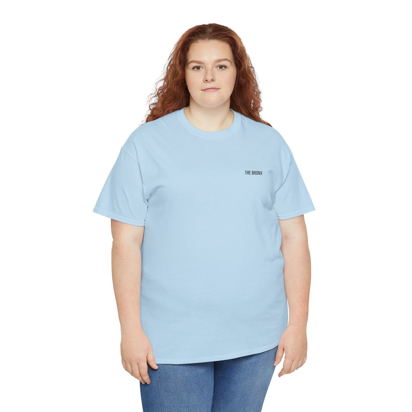 Female model wearing The Bronx T-Shirt in light blue, front view