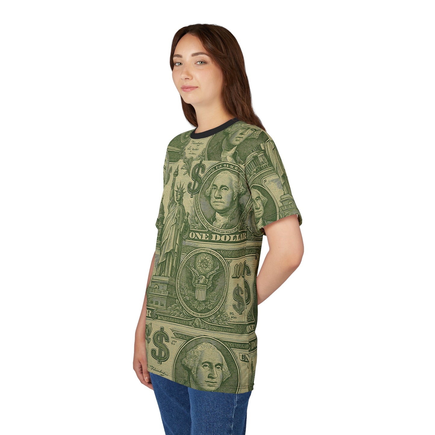 Side view of female model in Dollar T-Shirt, hands behind back