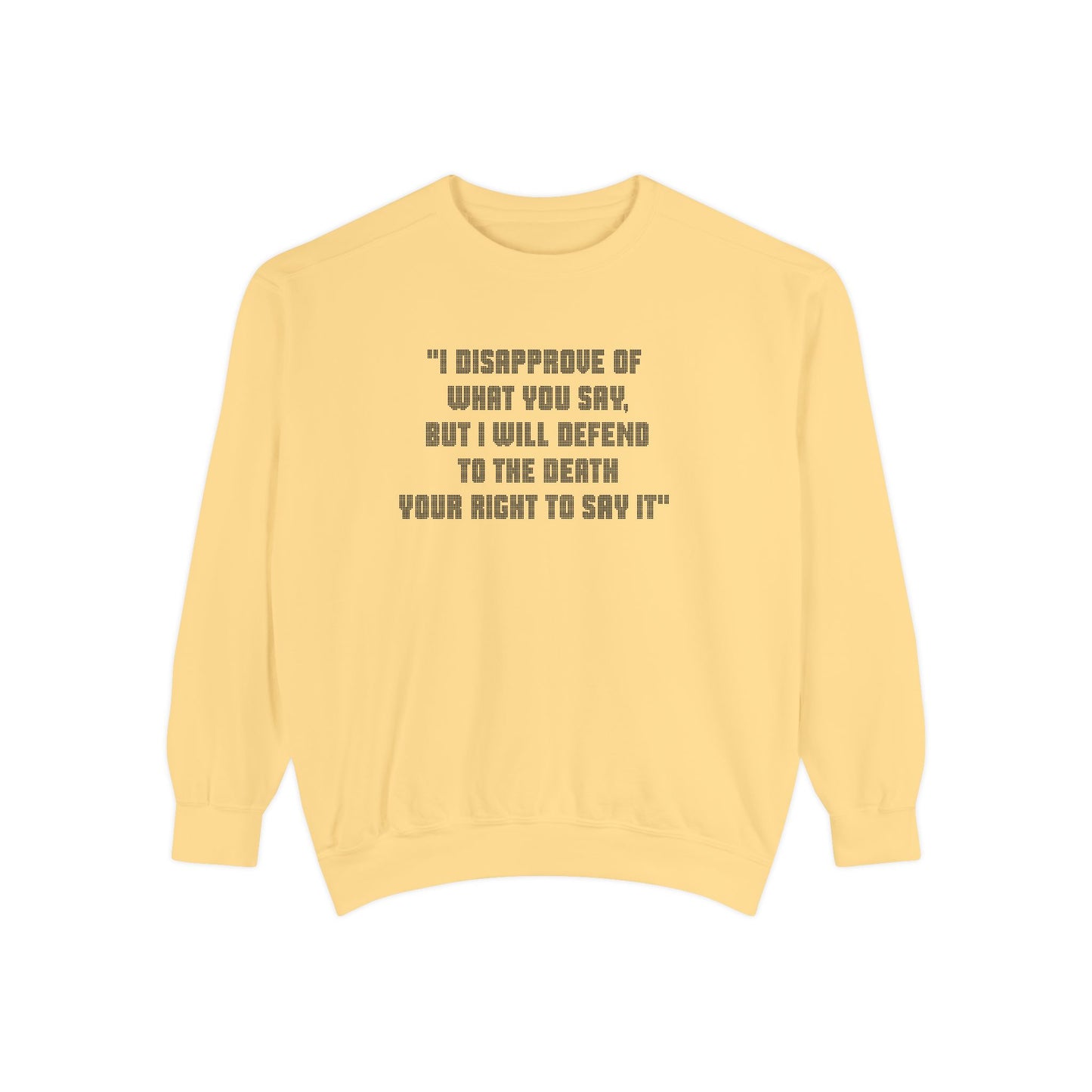 Yellow Freedom of Speech sweatshirt flat lay with black quote text