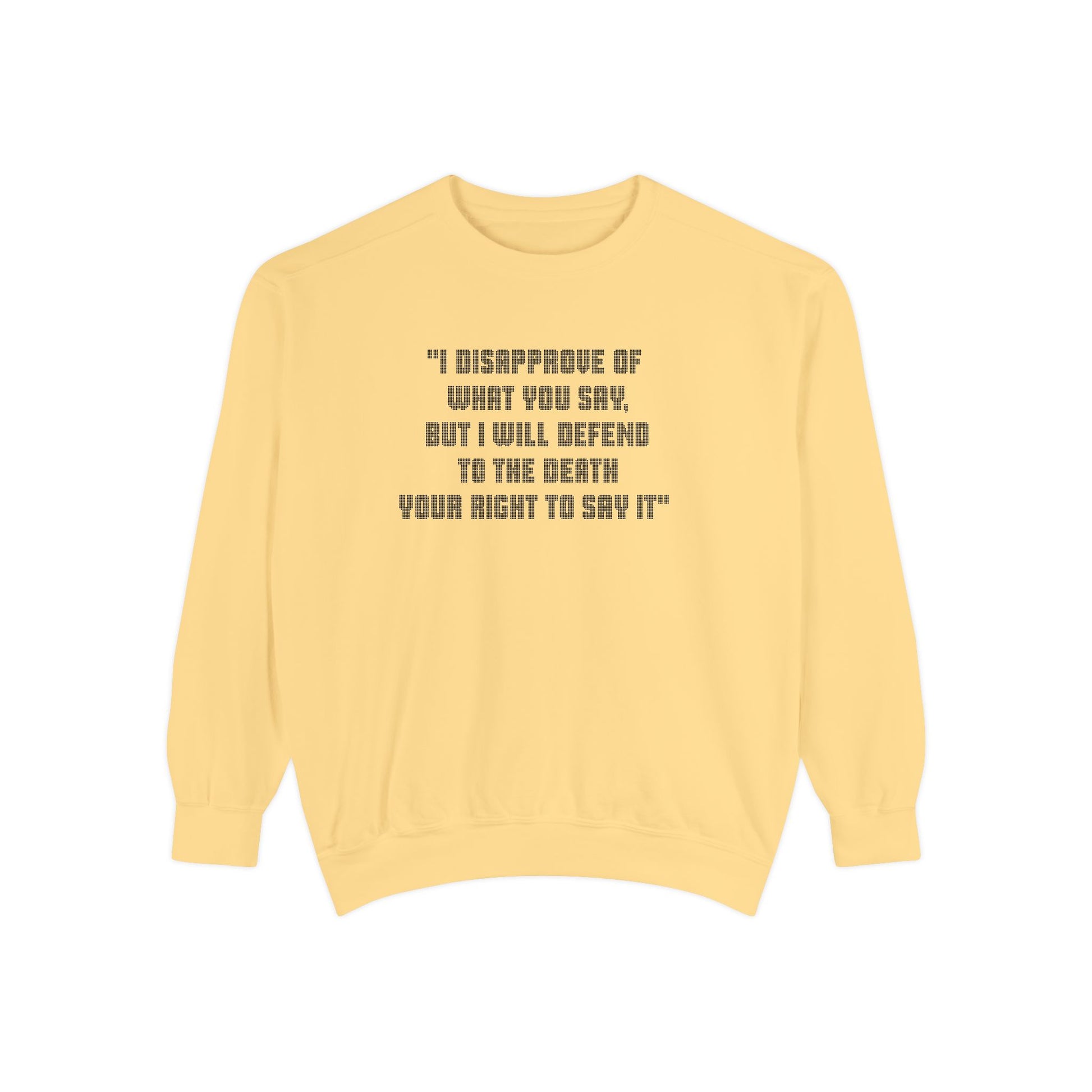 Yellow Freedom of Speech sweatshirt flat lay with black quote text
