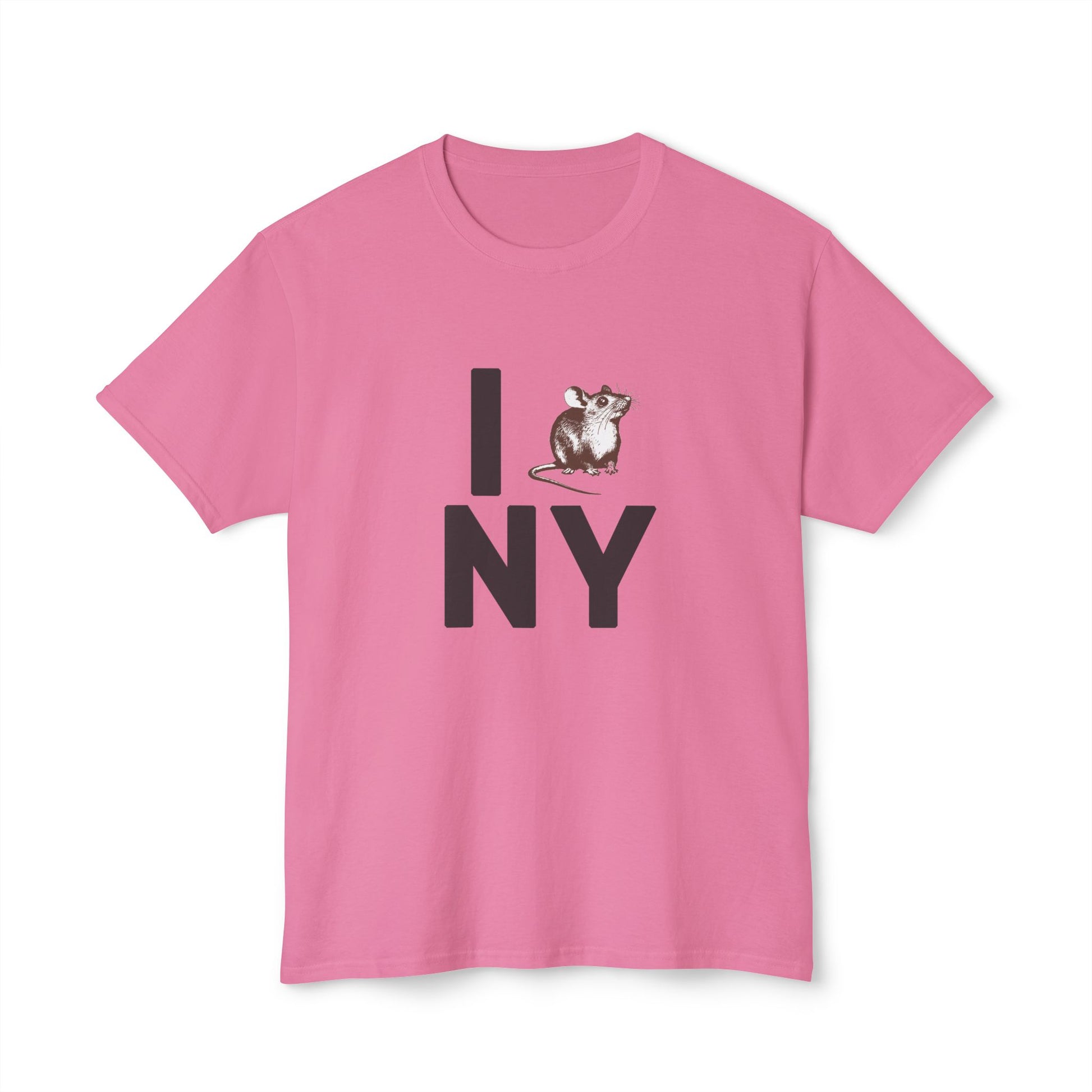 Flat lay of NY RAT T-Shirt in hot pink with bold NYC rat design.