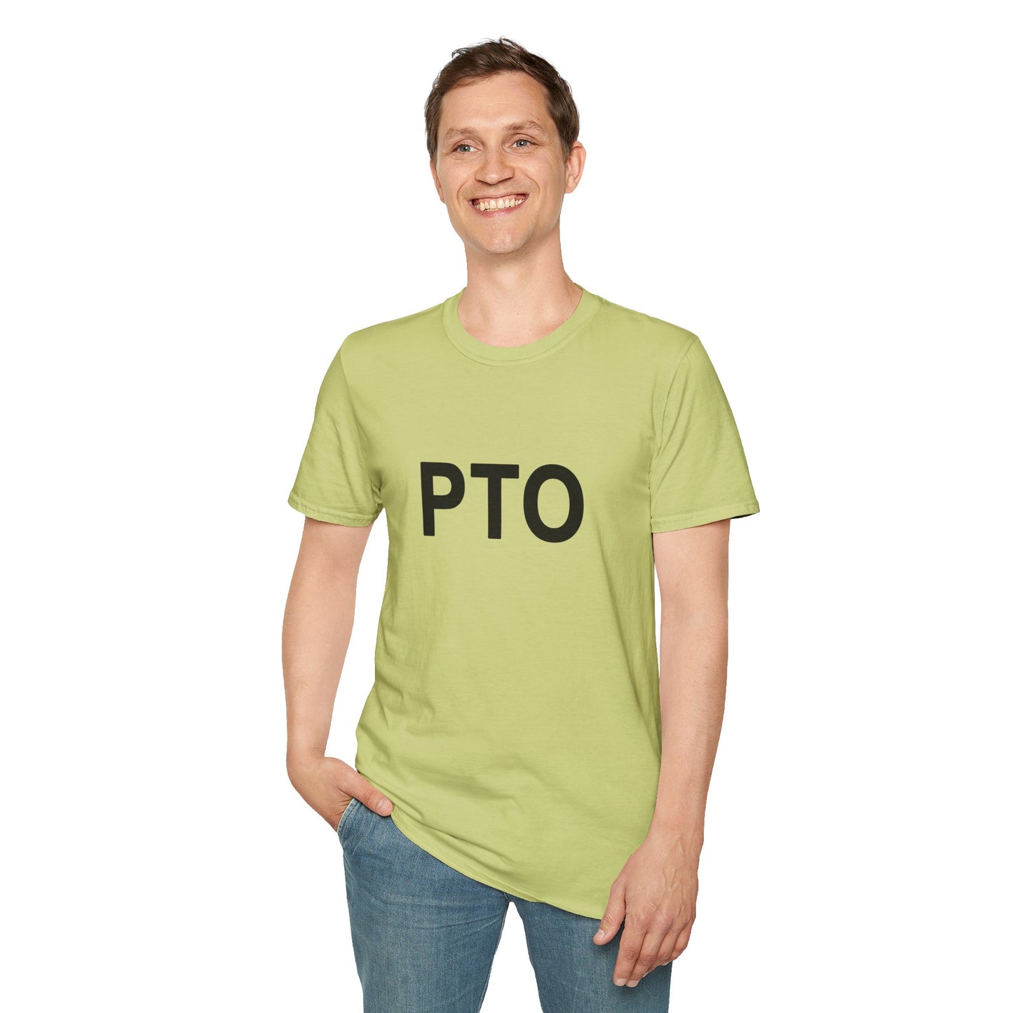 Person wearing a light green t-shirt with 'PTO' text on a white background