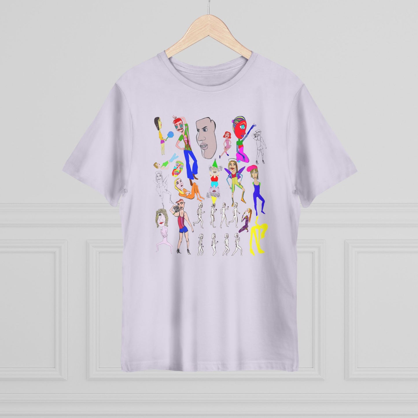 Lavender Mix Unisex Deluxe T-Shirt on hanger with colorful original hand drawn artwork.