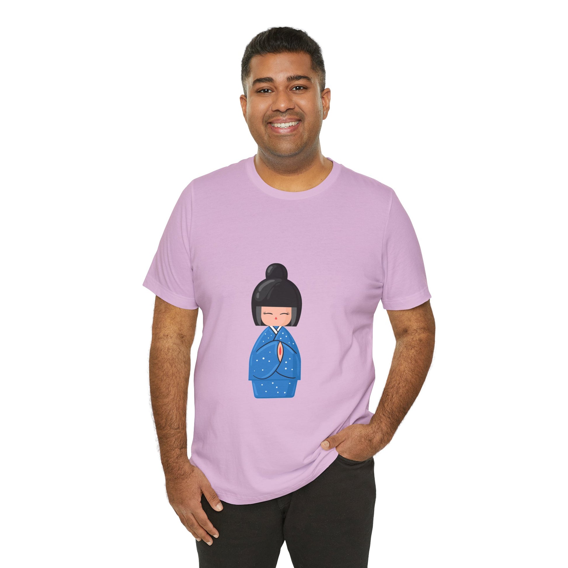 Man wearing lavender Geisha Blue T-Shirt with smiling pose