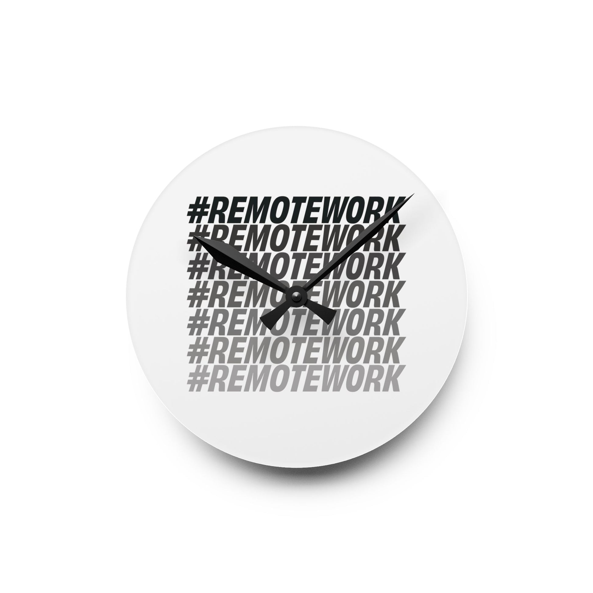 White wall clock with '#REMOTework' text on a white background