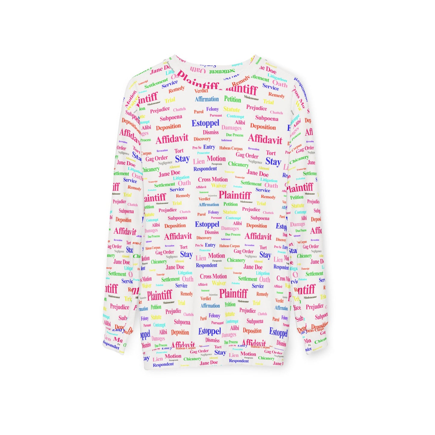 Legalese Sweatshirt unisex crew neck displayed flat from the back showing colorful all-over print.