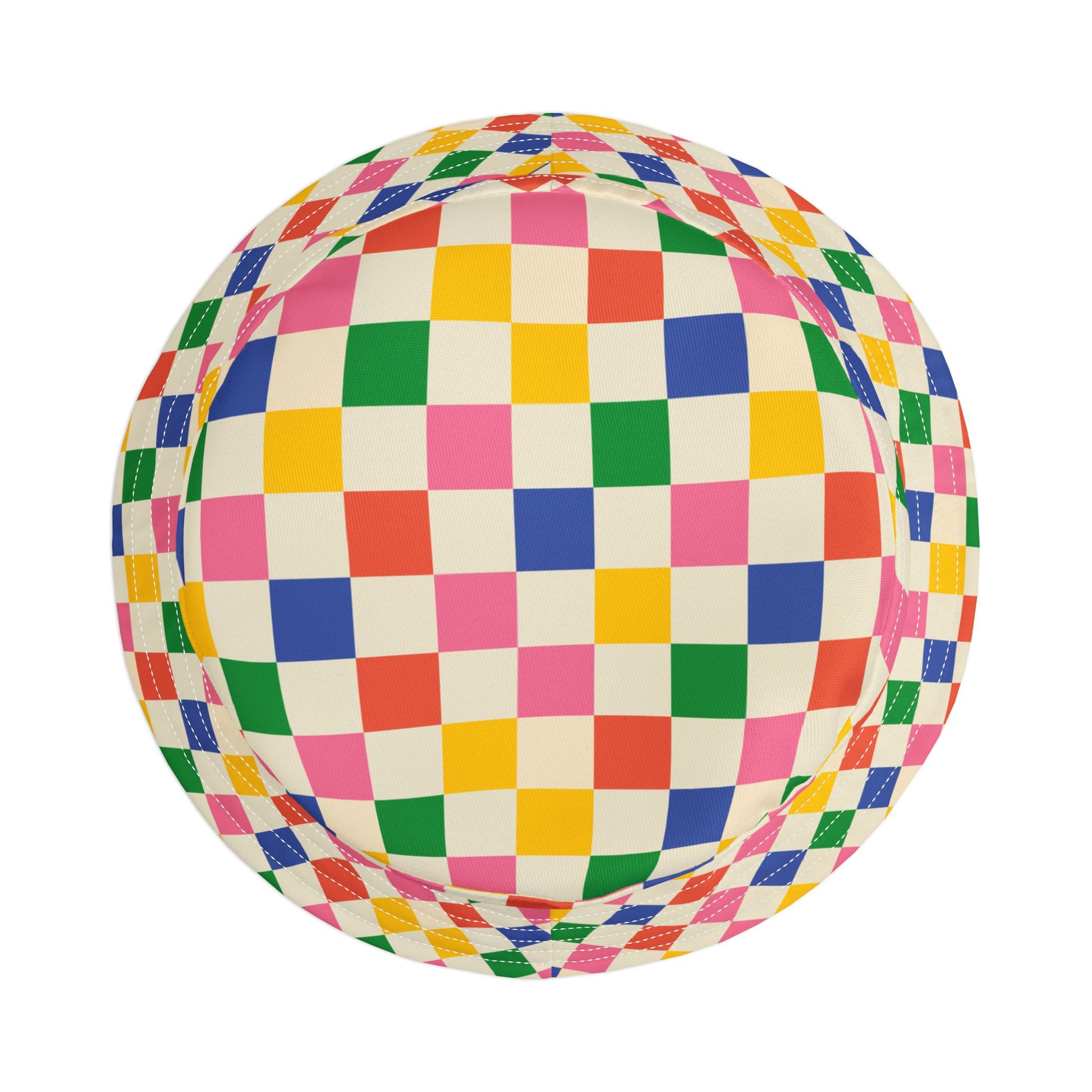 Top view of Colored Squares Bucket Hat showing colorful squares.