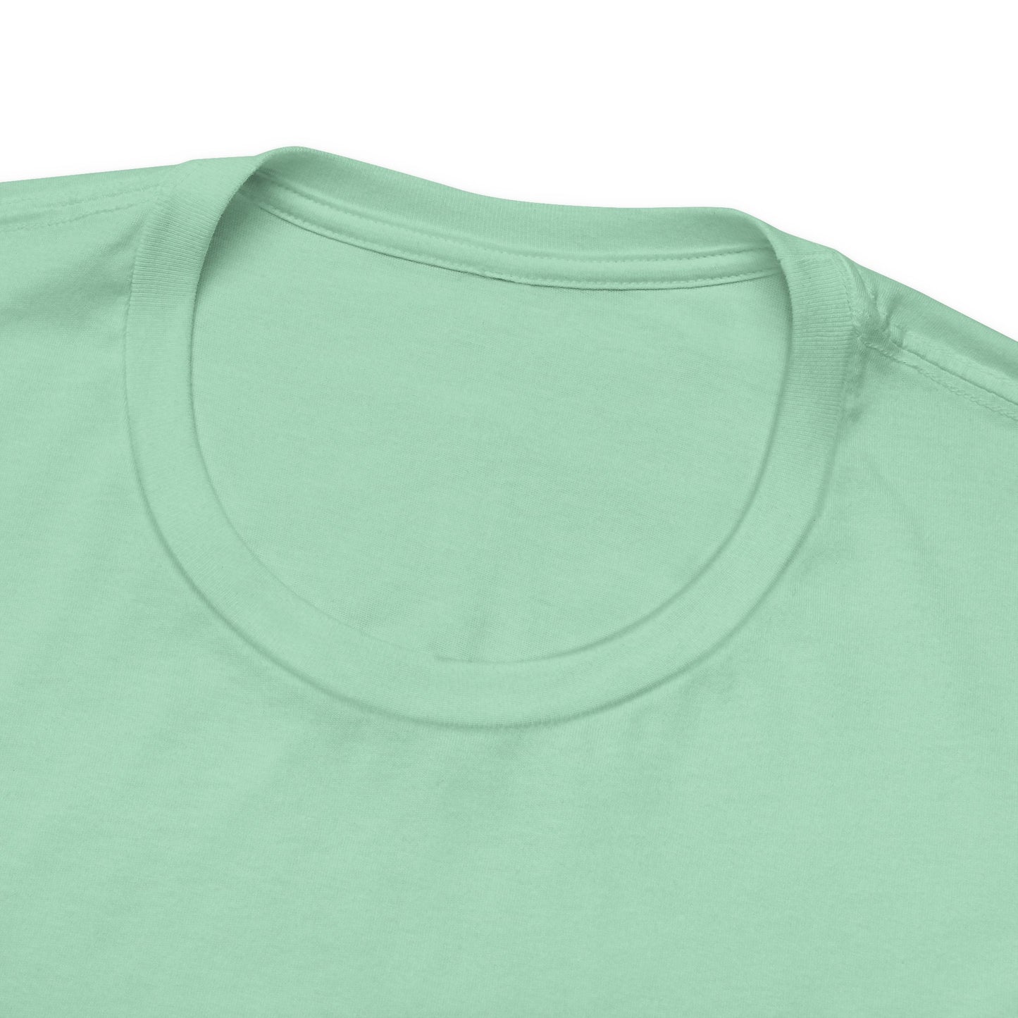 Detail shot of a mint Charlotte and Van hand-drawn couple tee showing the collar and stitching of the fabric.