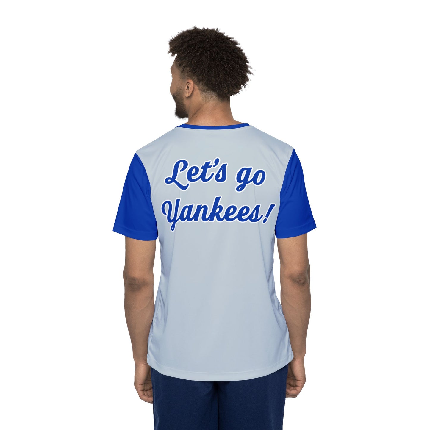 Let's Go Yankees Men's Sports Jersey featuring bold lettering on a breathable athletic fabric, perfect for baseball fans and game-day supporters.