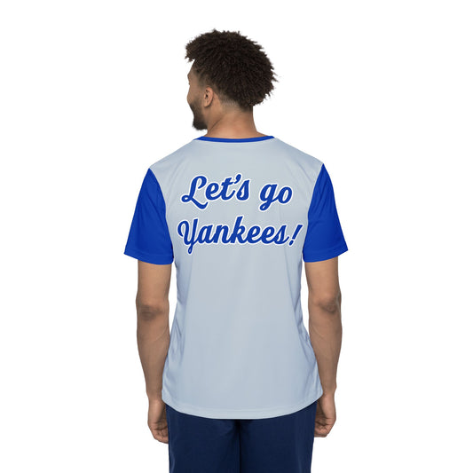 Let's Go Yankees Men's Sports Jersey featuring bold lettering on a breathable athletic fabric, perfect for baseball fans and game-day supporters.