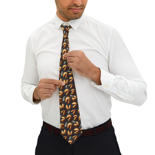 Fortune Cookie Necktie featuring a playful pattern of golden fortune cookies and fortune slips on a sleek dark background, ideal for fun office wear or unique gifts.