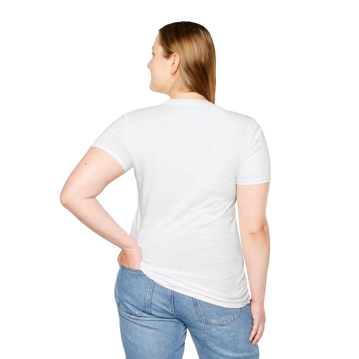 Woman back view showing fit of white FTO T-shirt