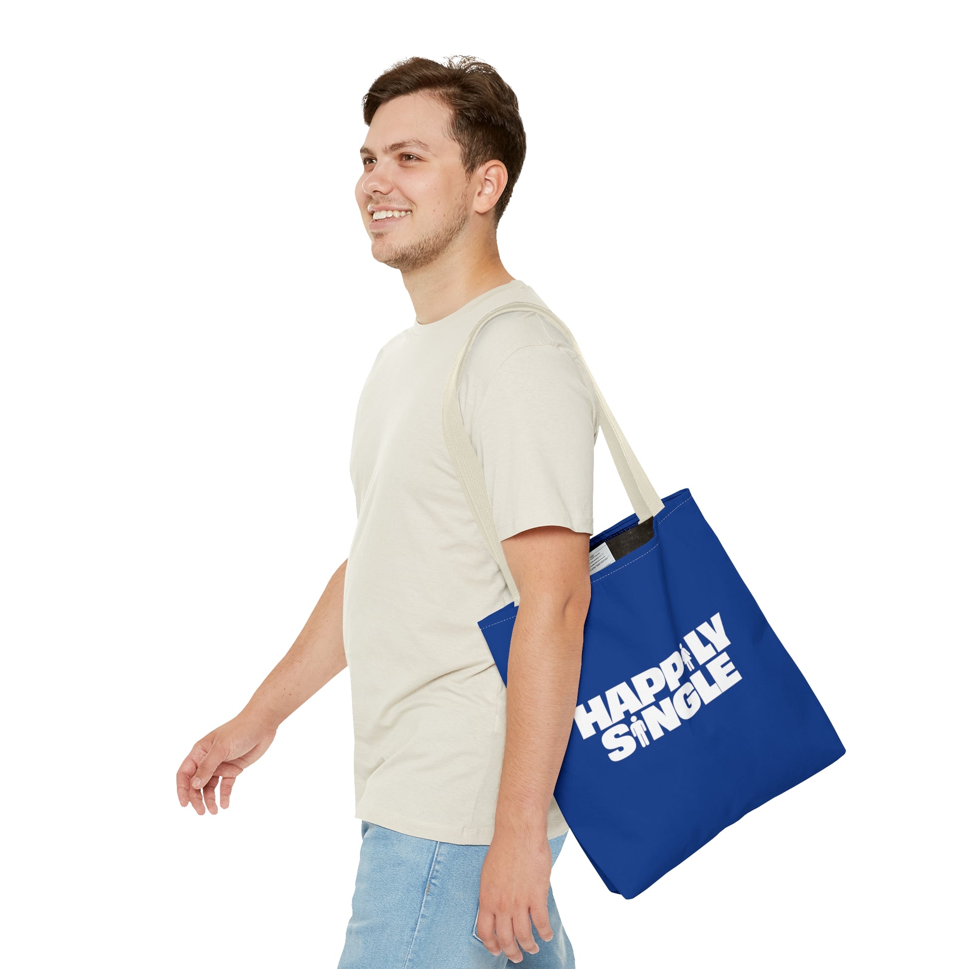 Blue tote bag featuring the bold white text "Happily Single" with small male and female icons