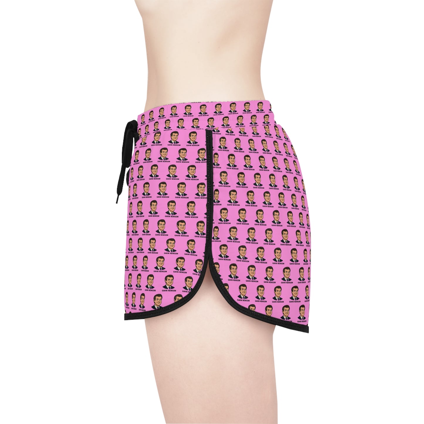 Close side profile of pink Gavin Newsom cartoon lounge shorts relaxed fit