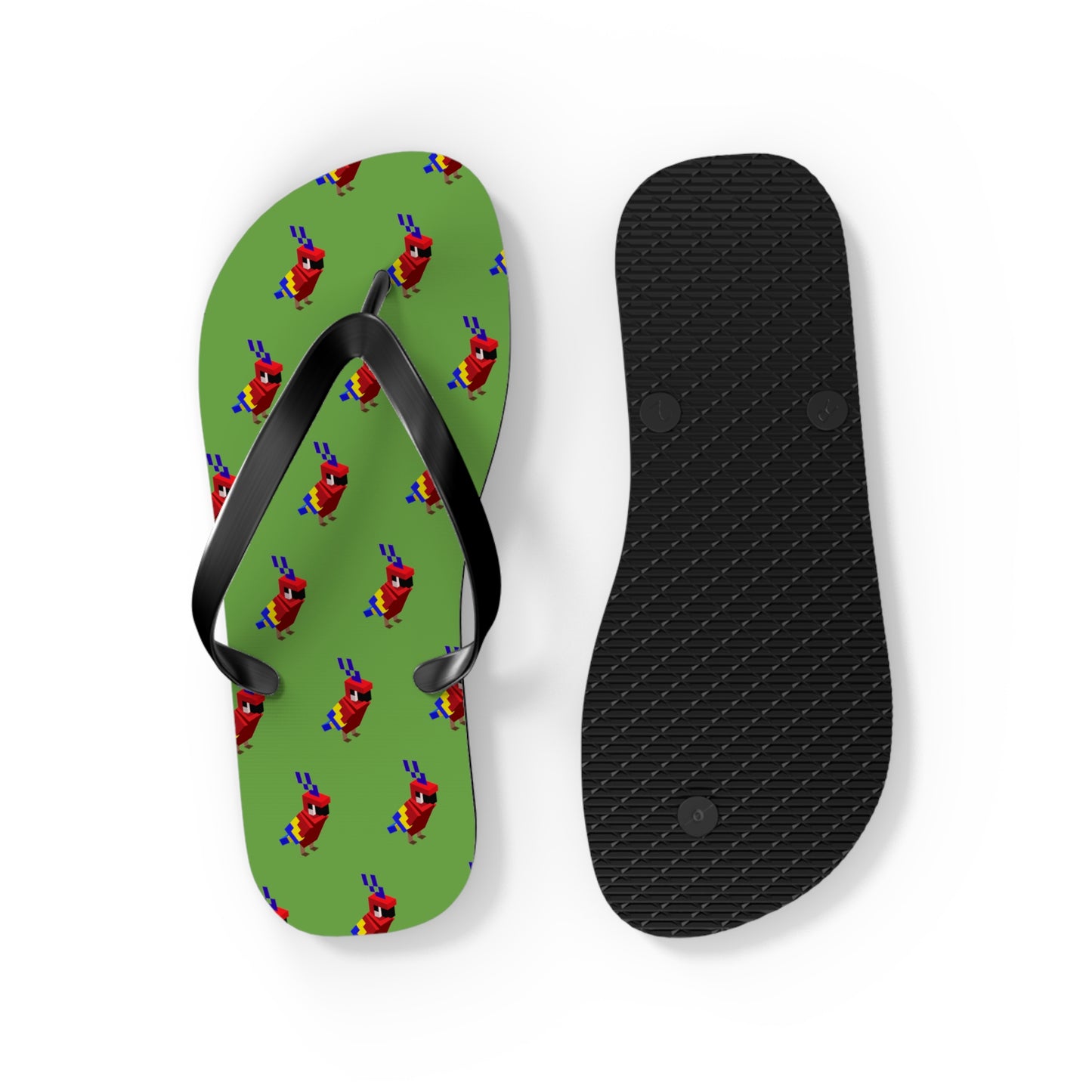 Green arcade parrot flip flops with black straps next to sole bottom showing textured grip