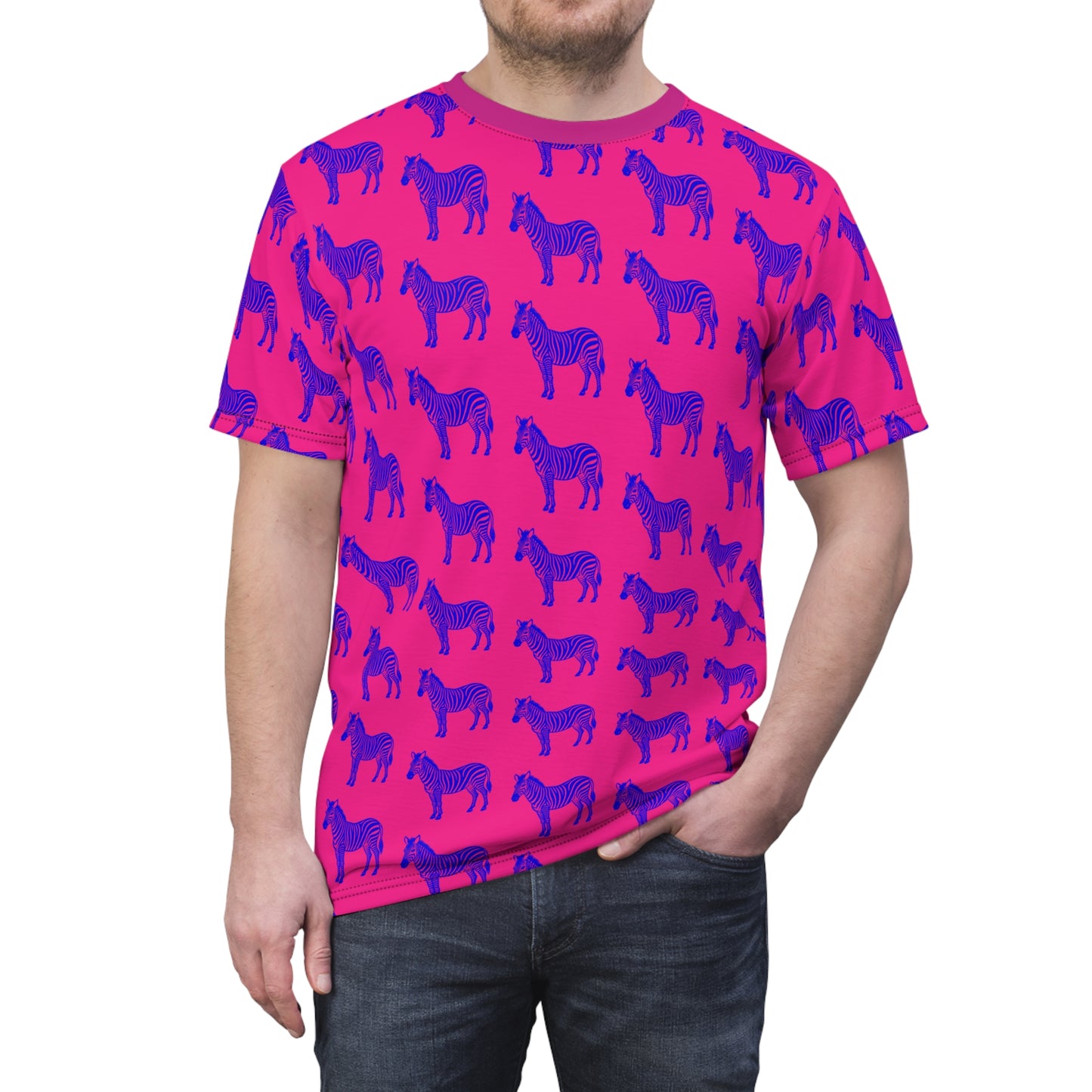 Person wearing a pink t-shirt with blue zebra pattern on a white background