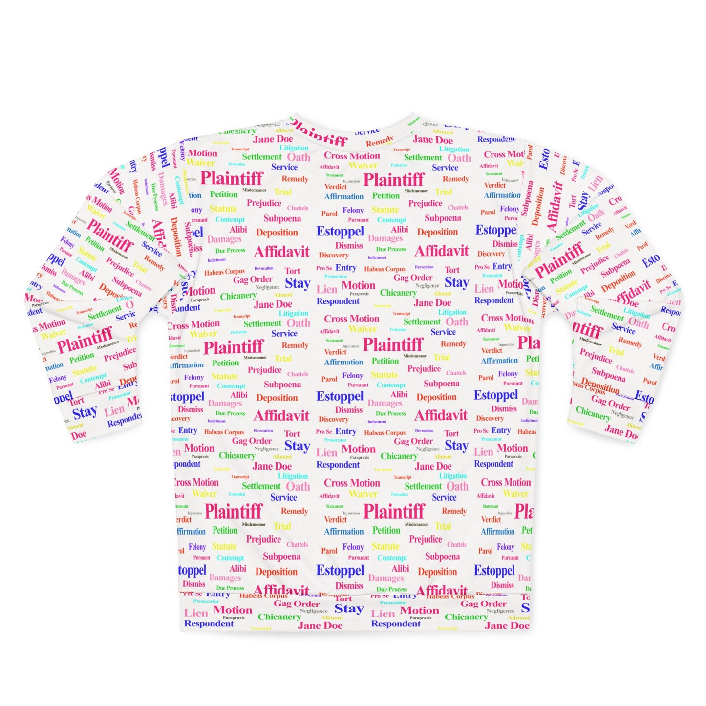 Back view of Legalese Sweatshirt with colorful legal terms print, unisex crew neck for law students.