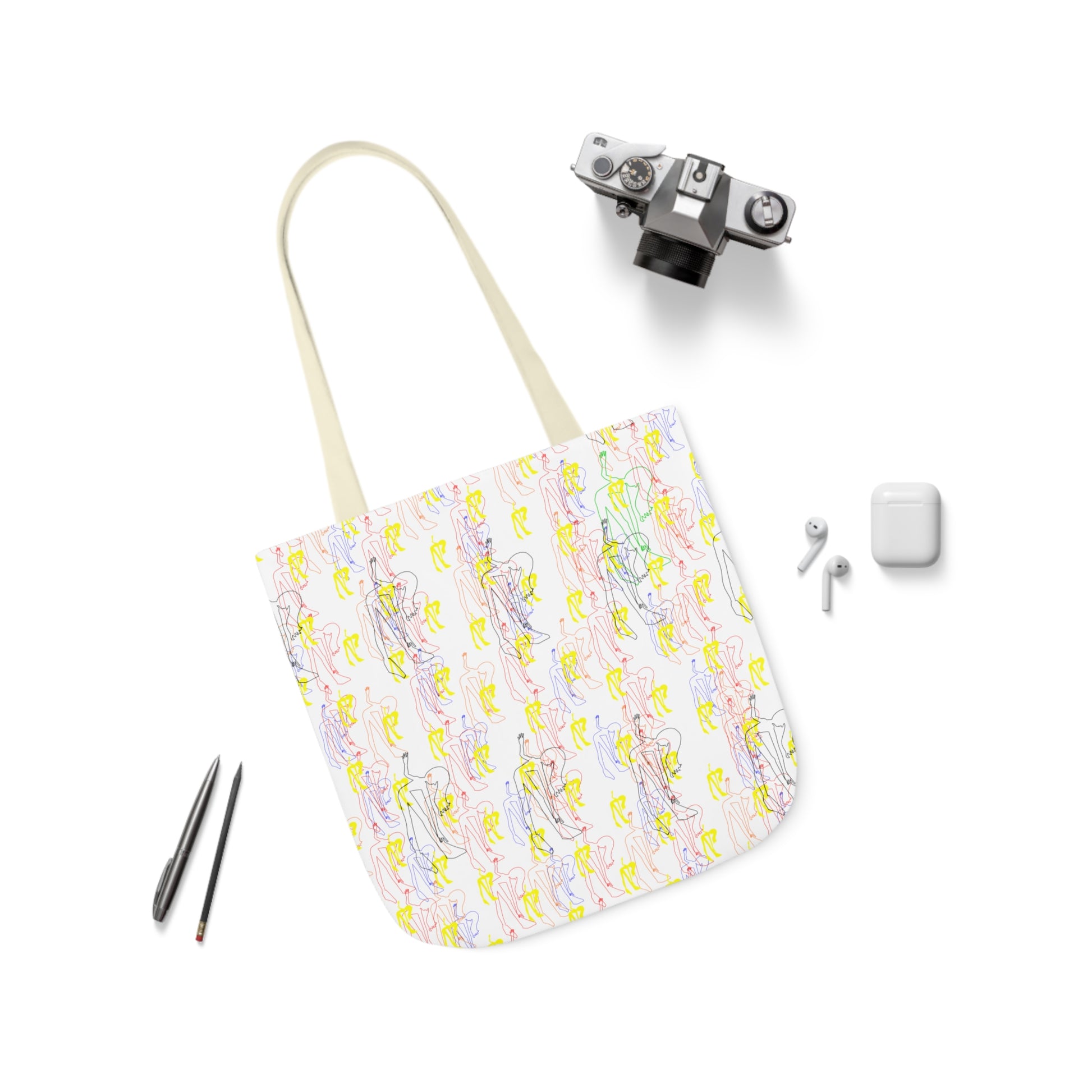 White tote bag featuring a colorful repeating pattern of abstract line art figures in pastel shades