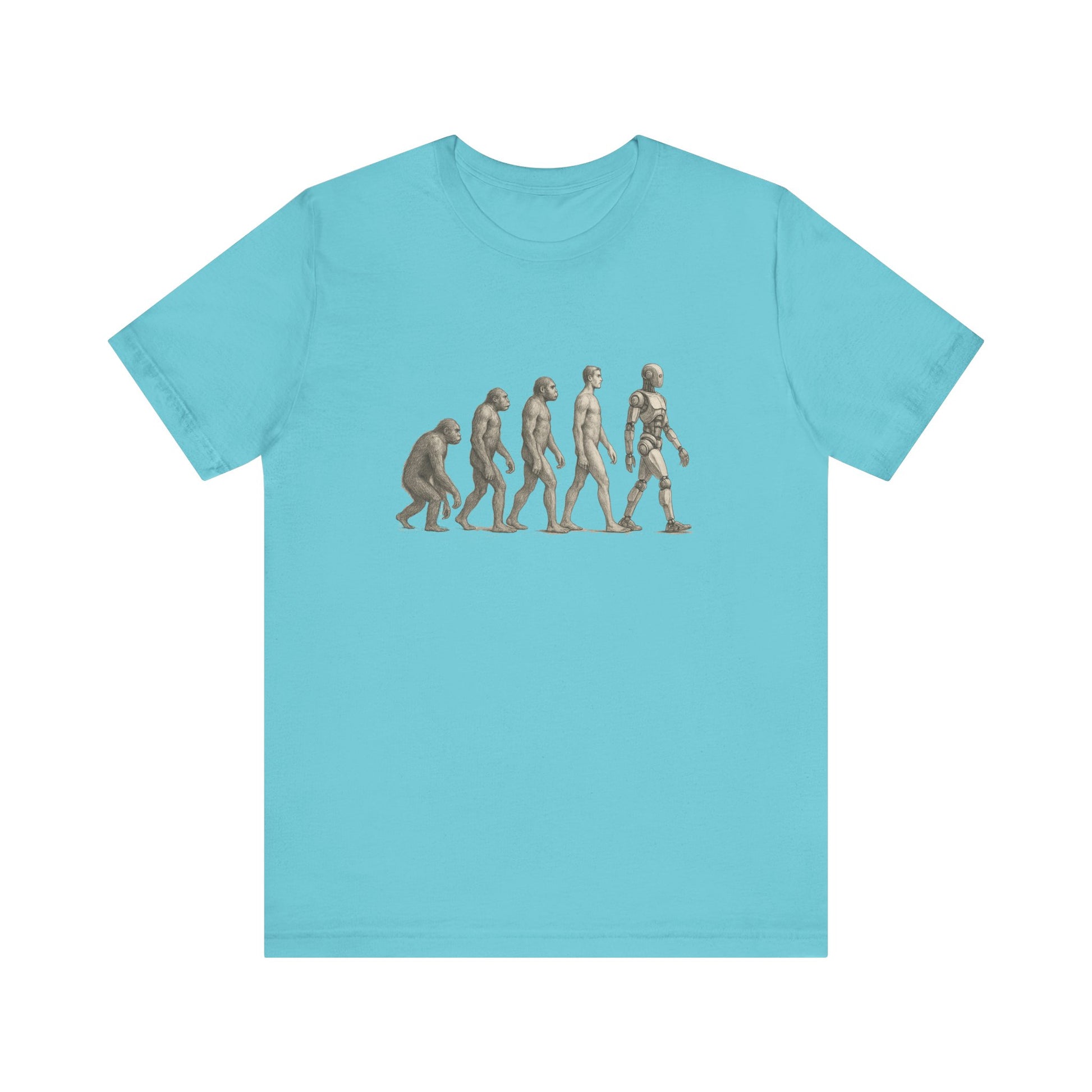 Light blue t-shirt with human evolution graphic on a white background