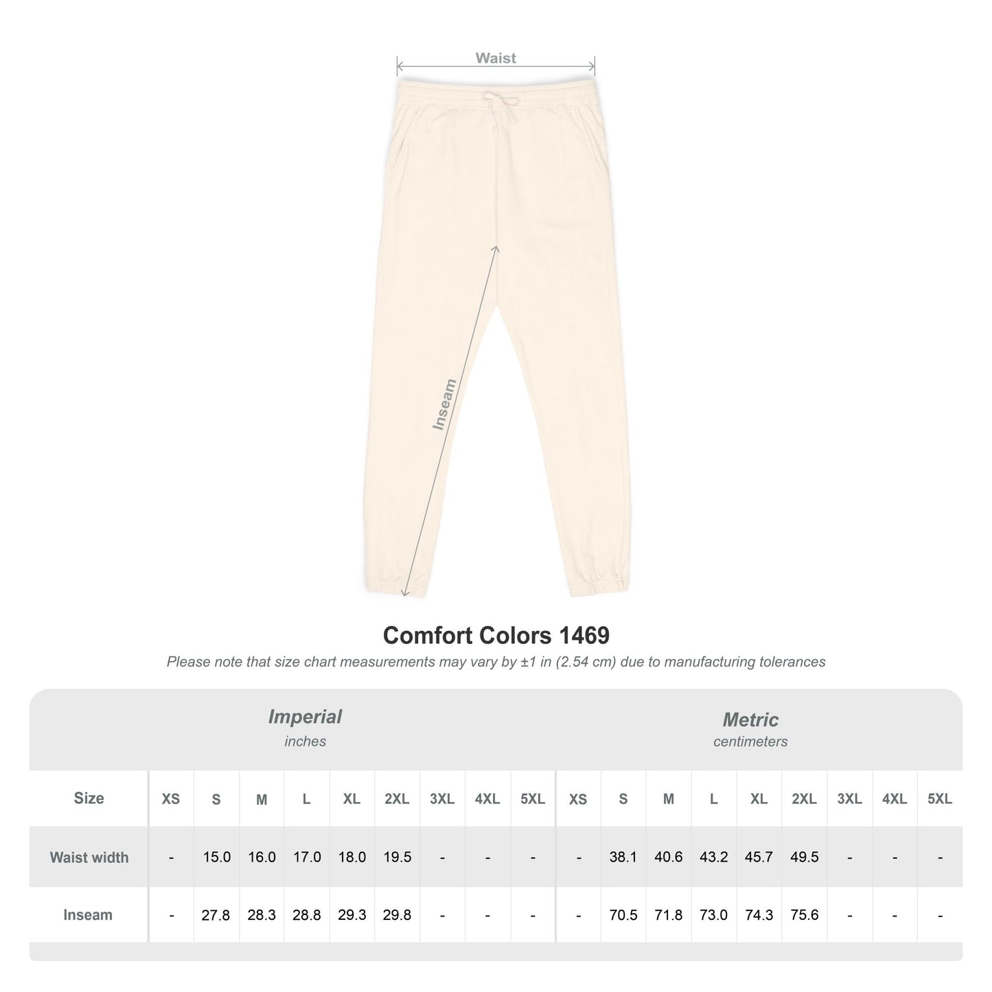 Size chart for Tantrum Media Cozy Fleece Sweatpants