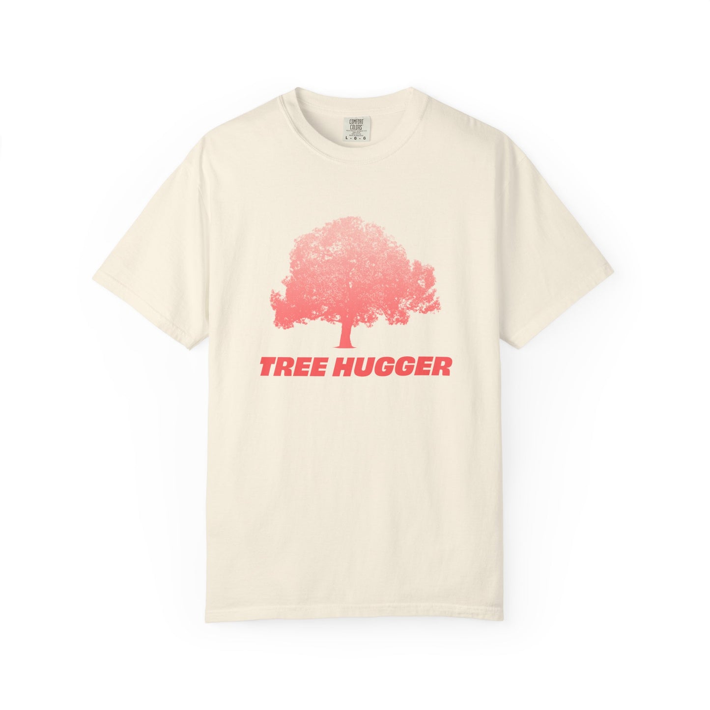 Beige Tree Hugger T-shirt flat lay with red tree graphic