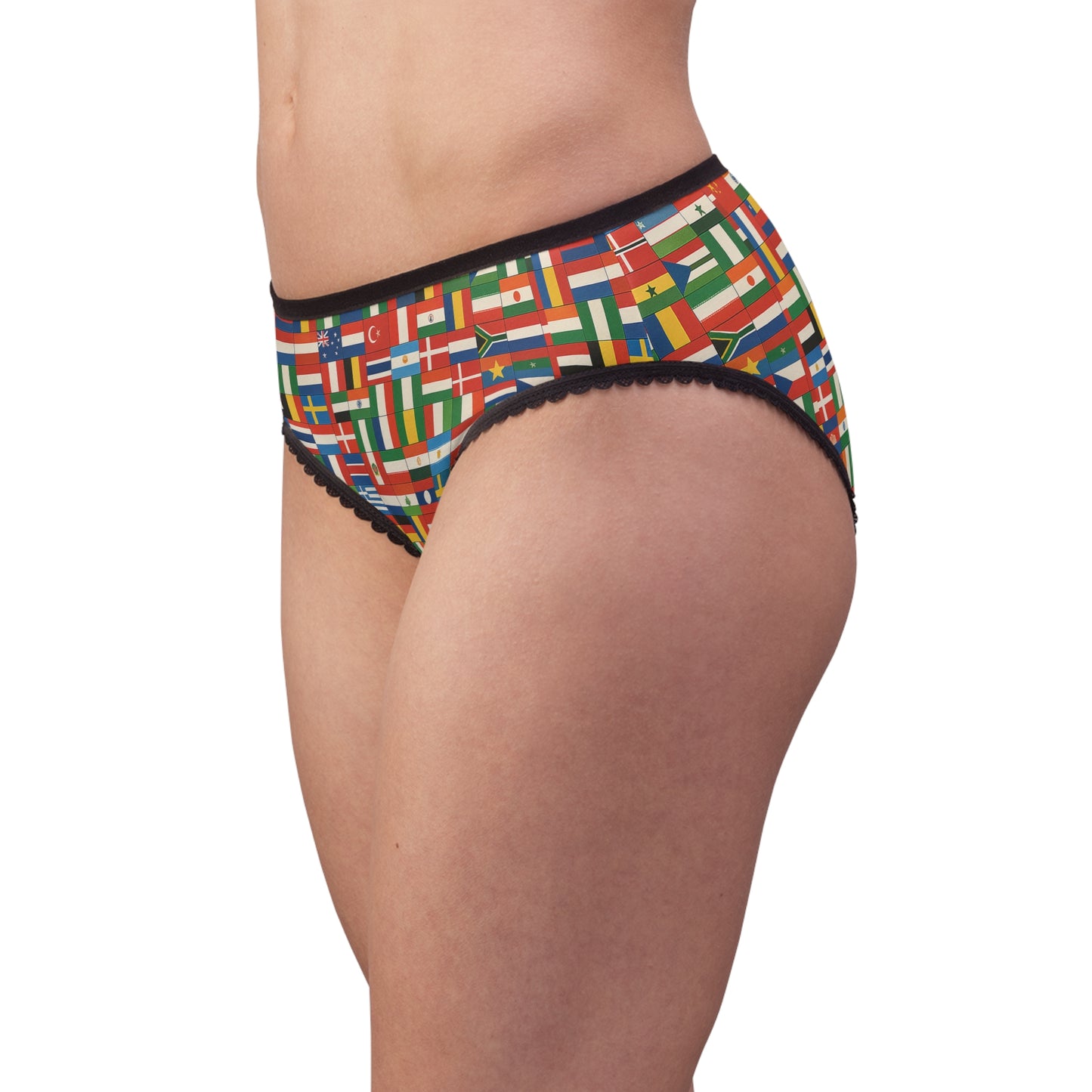 side view of womens global flags panties, fitted colorful international print underwear