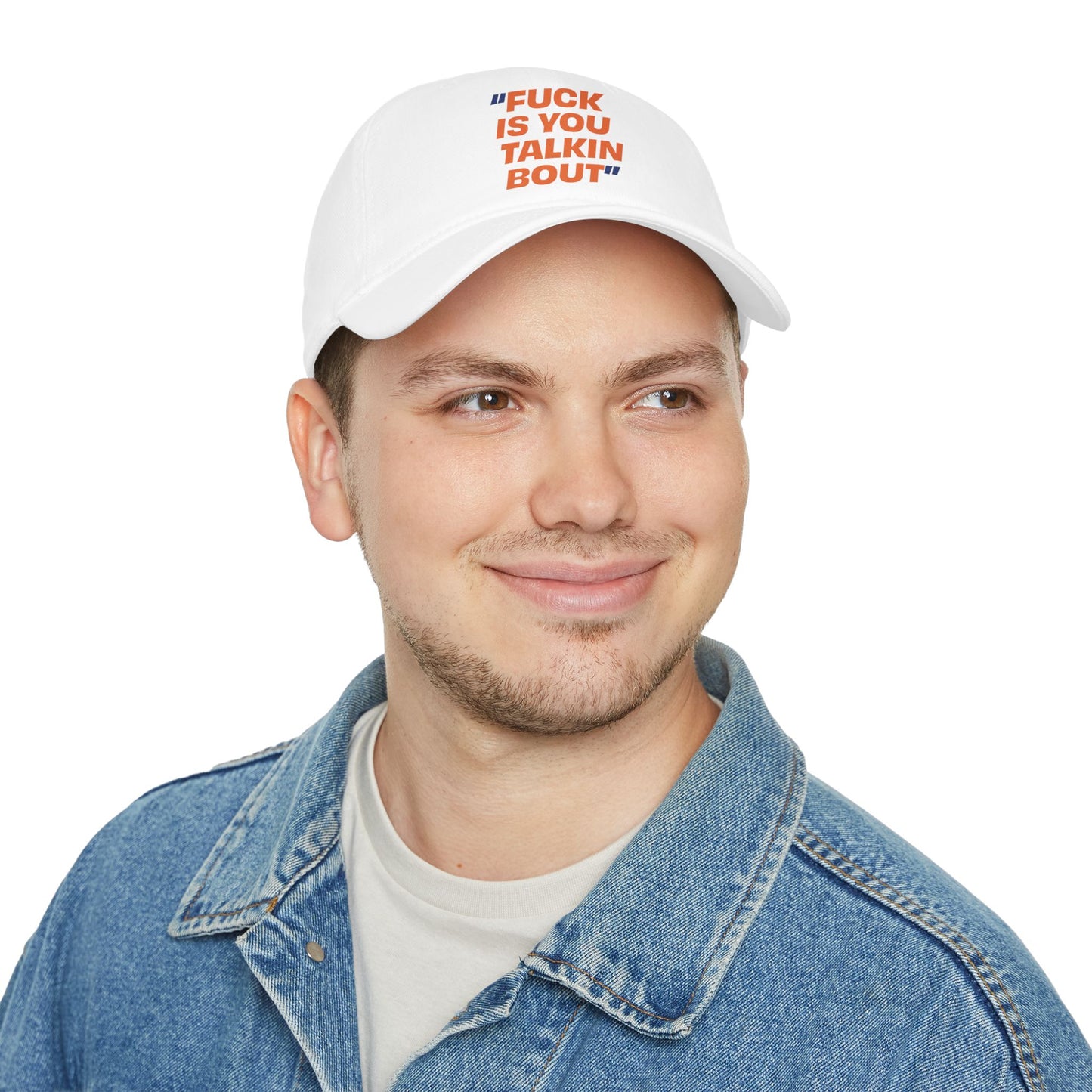 Male model smiling while wearing the Fuckisyoutalkinbout cotton baseball cap inspired by New Yorker slang.