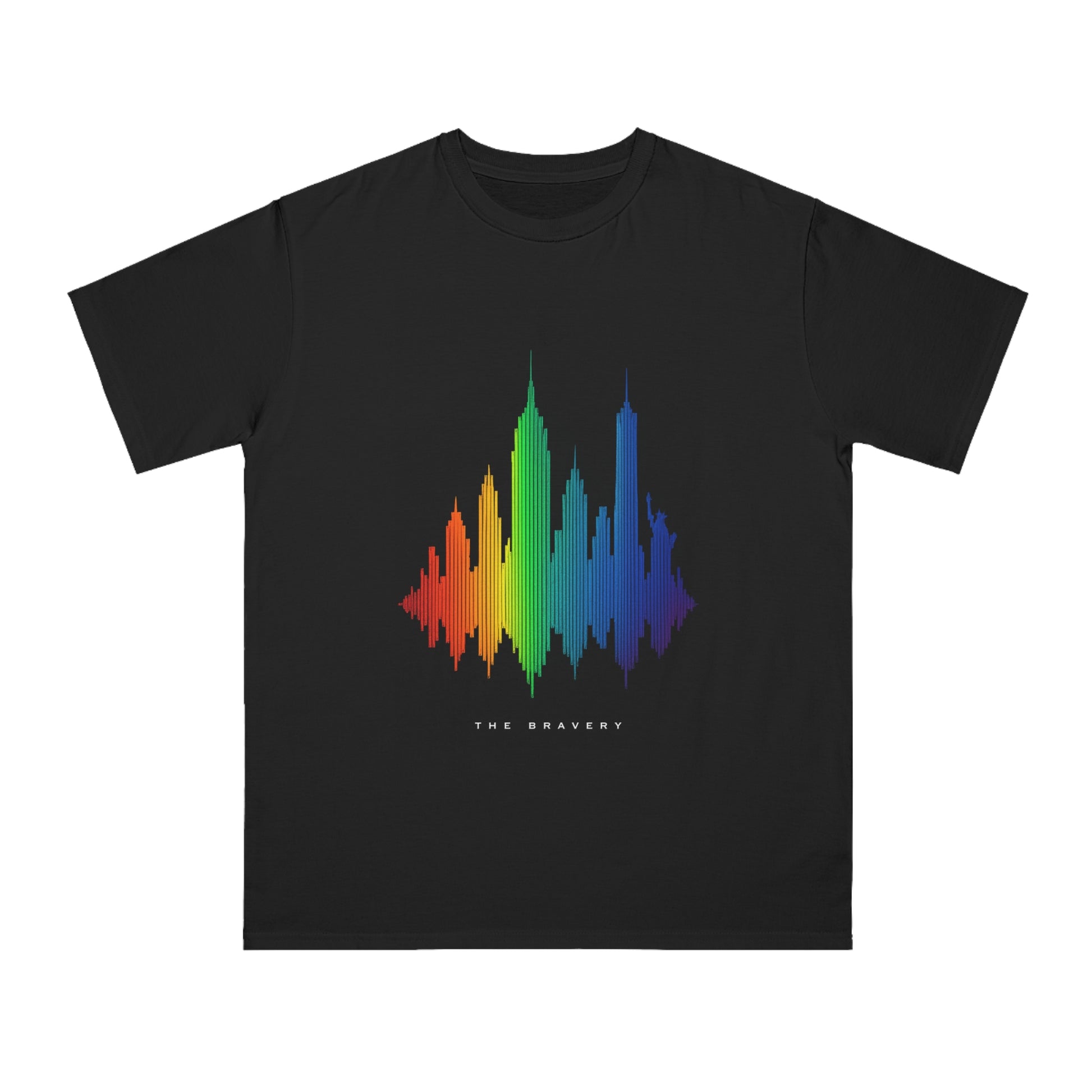 Black T-shirt featuring a rainbow-colored city skyline and audio waveform design with the text “The Bravery” beneath the graphic.