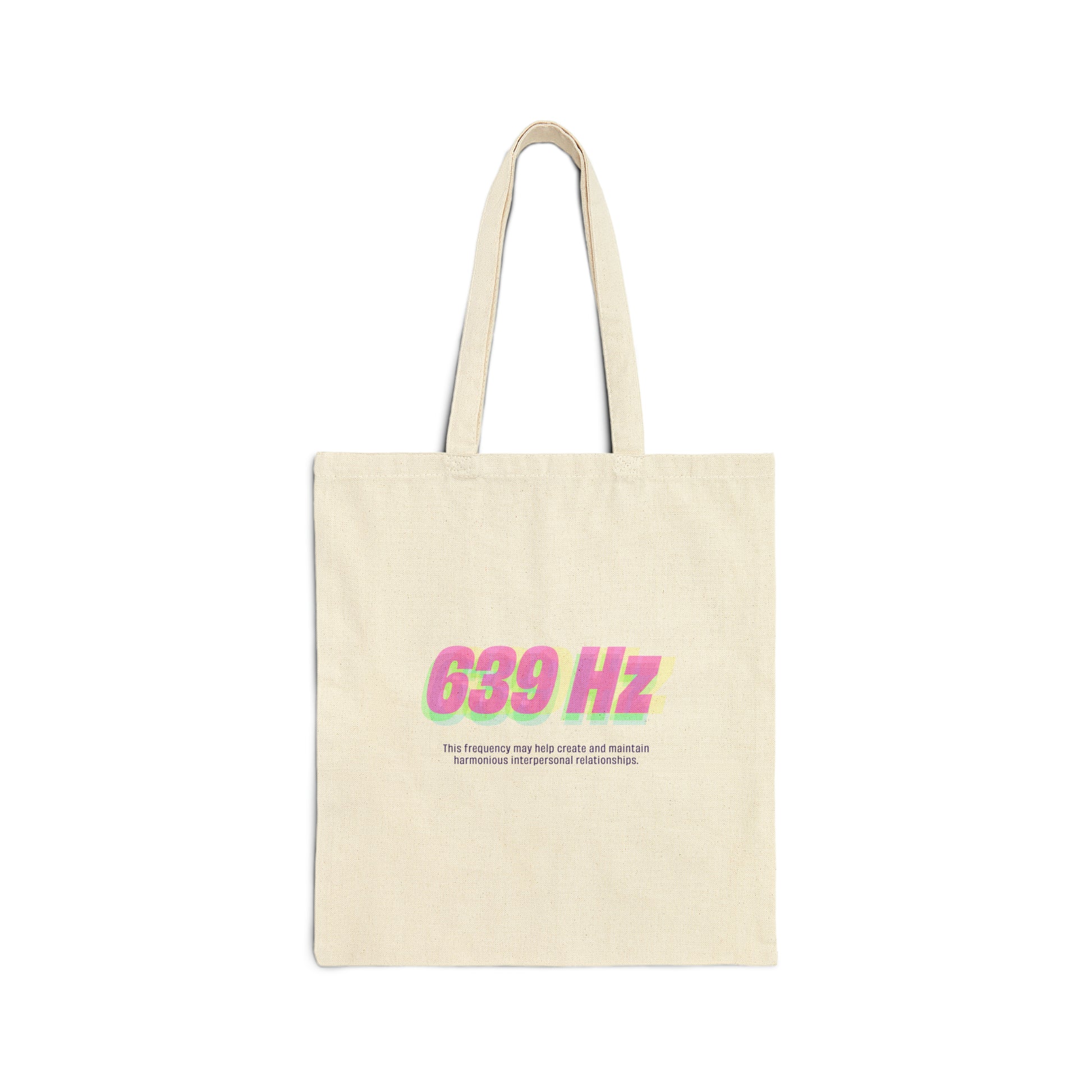 Natural beige tote bag featuring the text "639 Hz" in colorful gradient font with a caption about harmonious relationships