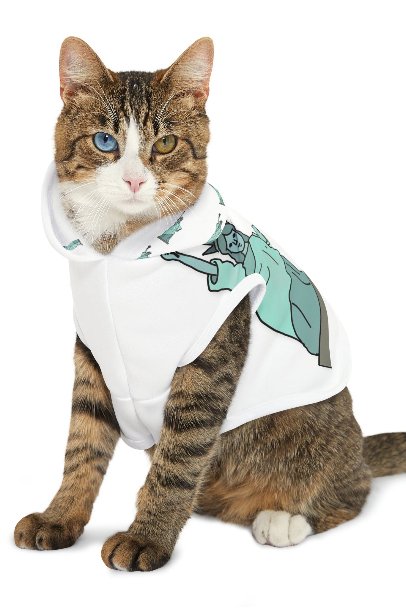 Small dog wearing Statue of Liberty pet hoodie with hood up
