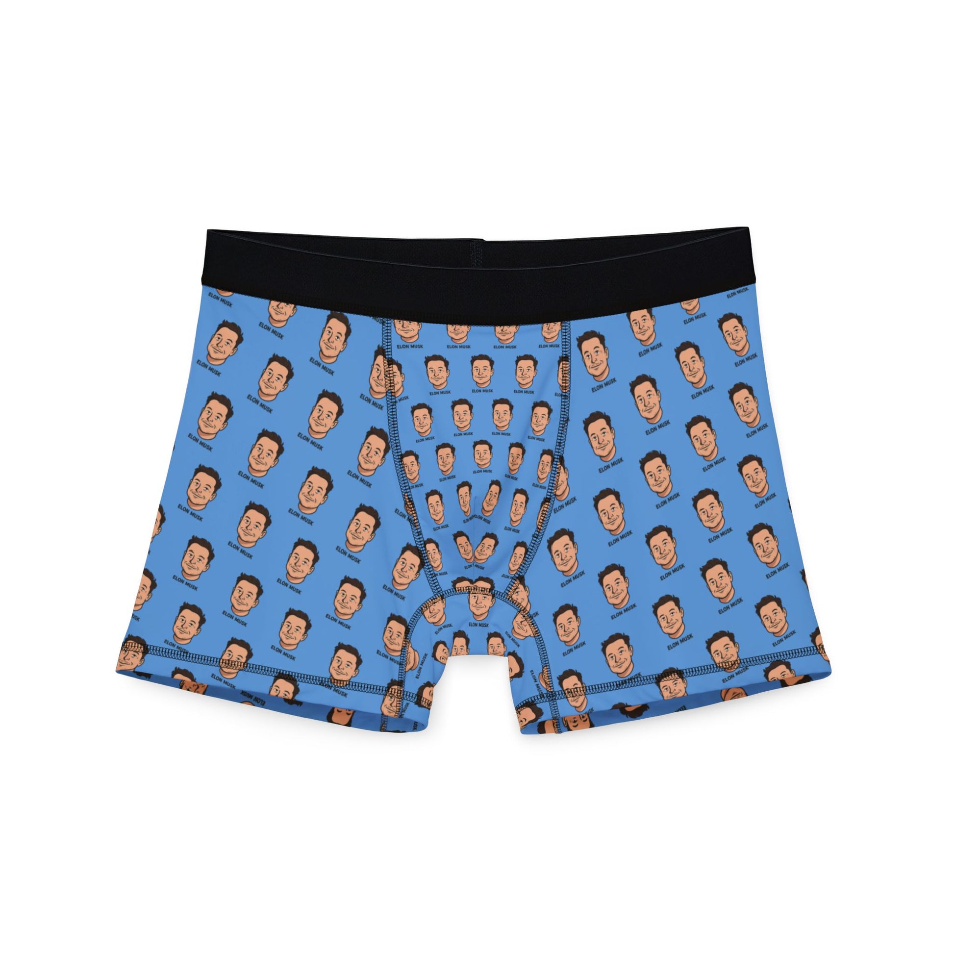 Flat front view of Elon Musk Boxer Briefs with a centered pouch and repeating Elon face print.