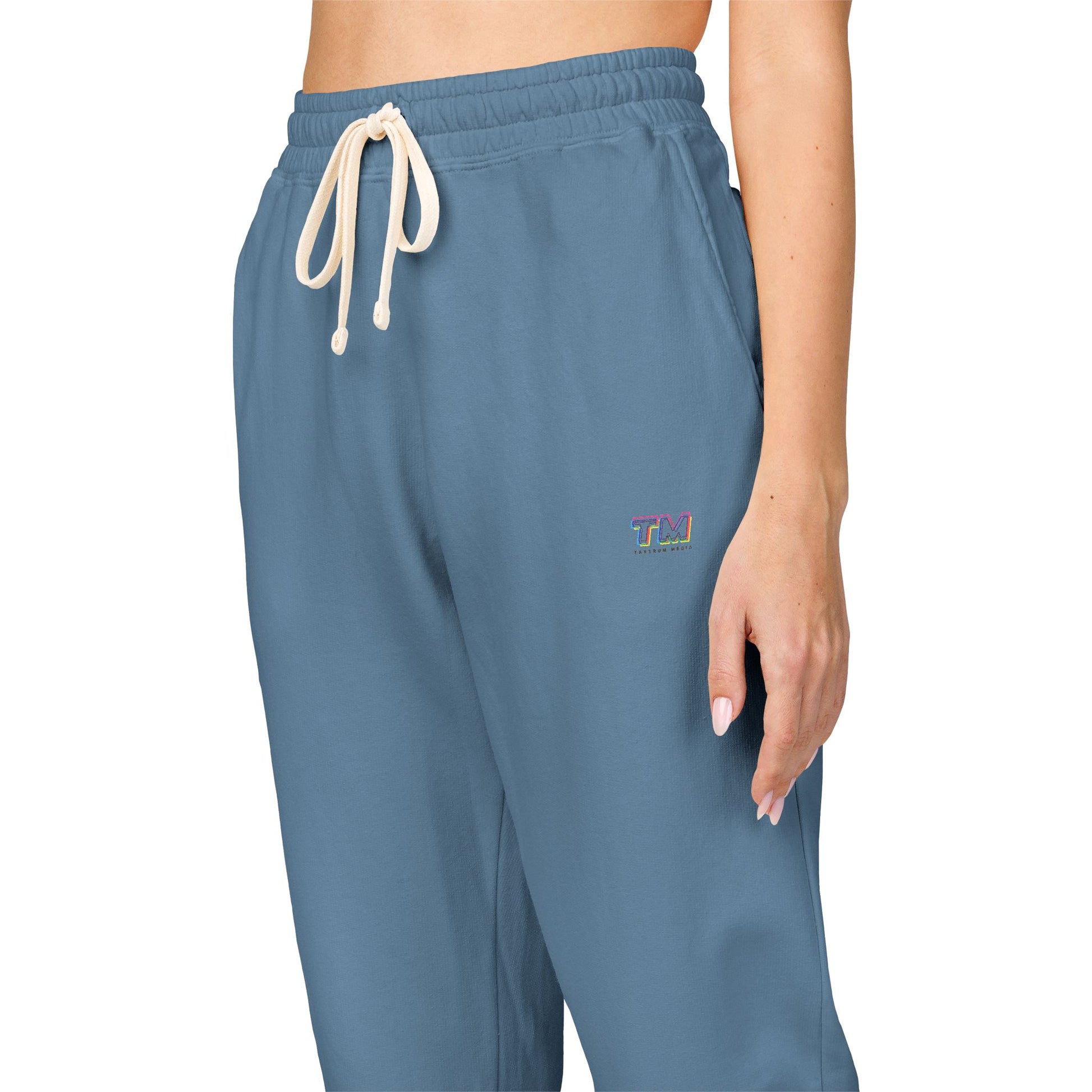 Close-up of dark blue Tantrum Media Cozy Fleece Sweatpants